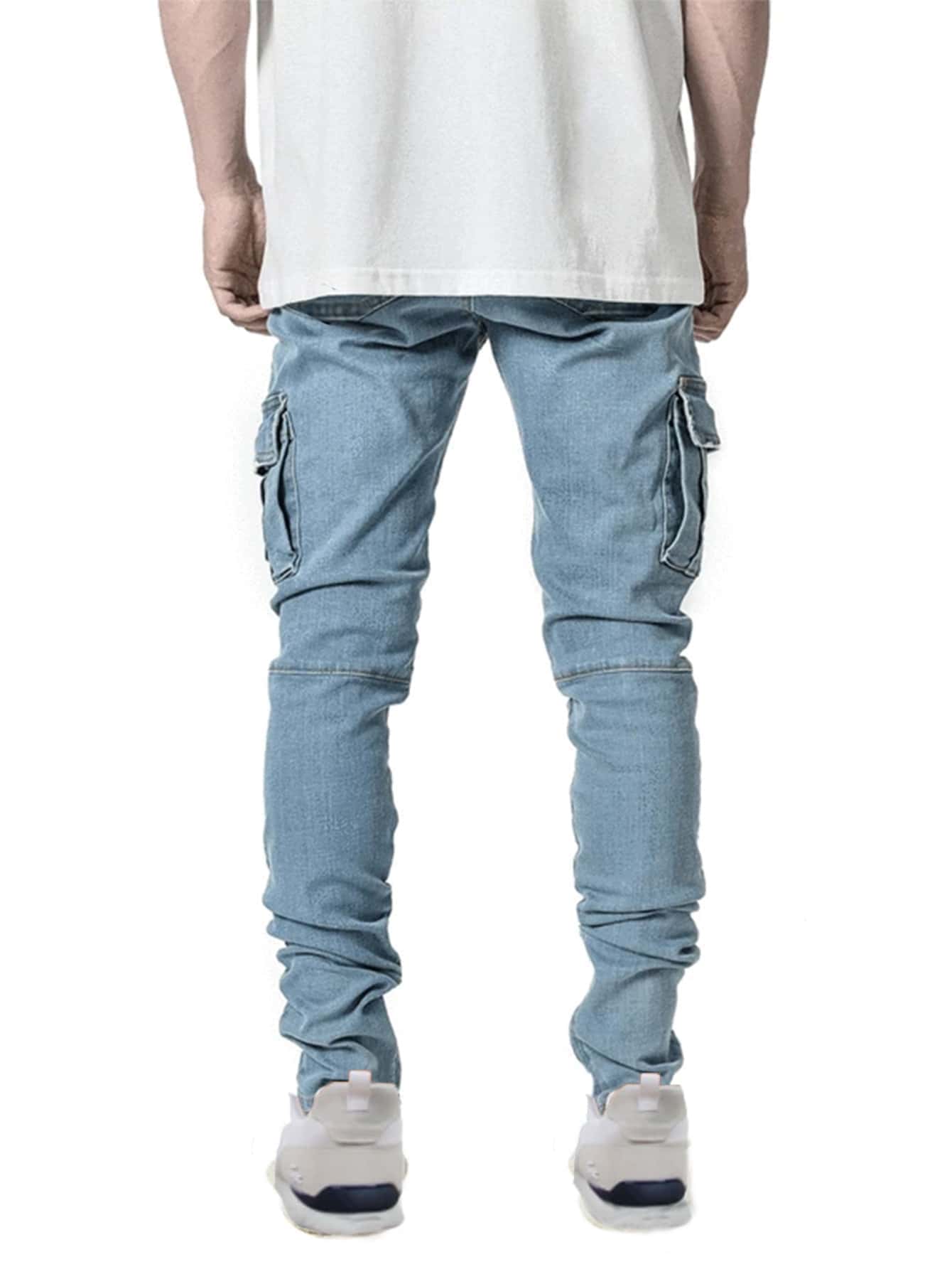 ROMWE Men Cotton Pocket Detail Stacked Jeans Light Wash