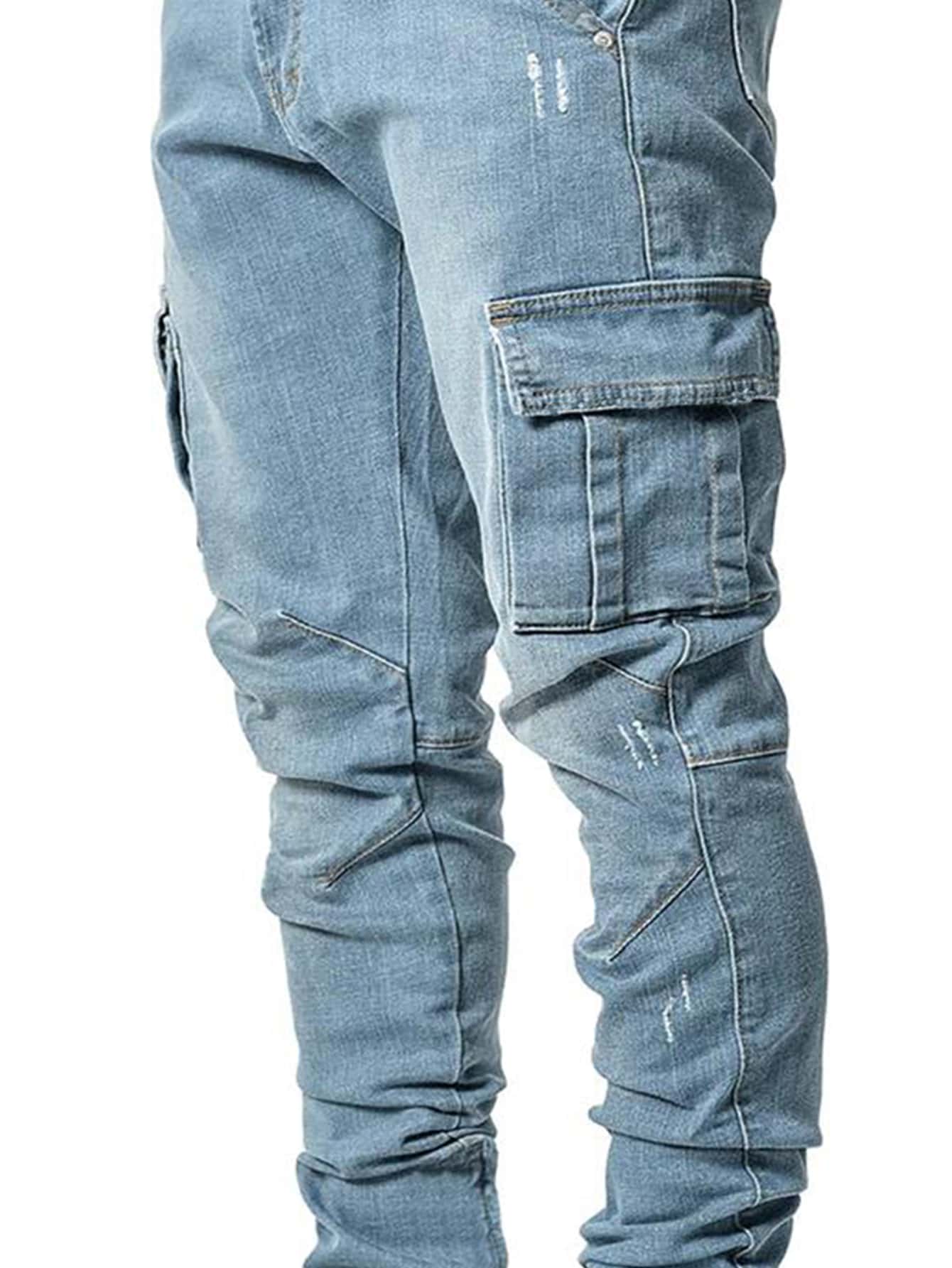ROMWE Men Cotton Pocket Detail Stacked Jeans Light Wash