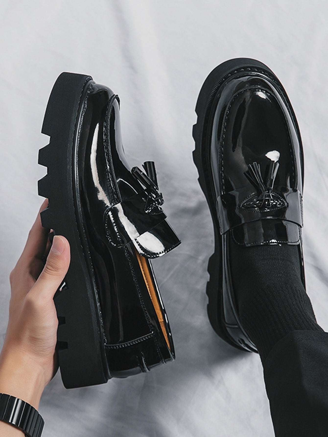 Men's Formal Thick Platform Leather Shoes, Height Increasing And Simple Design Black