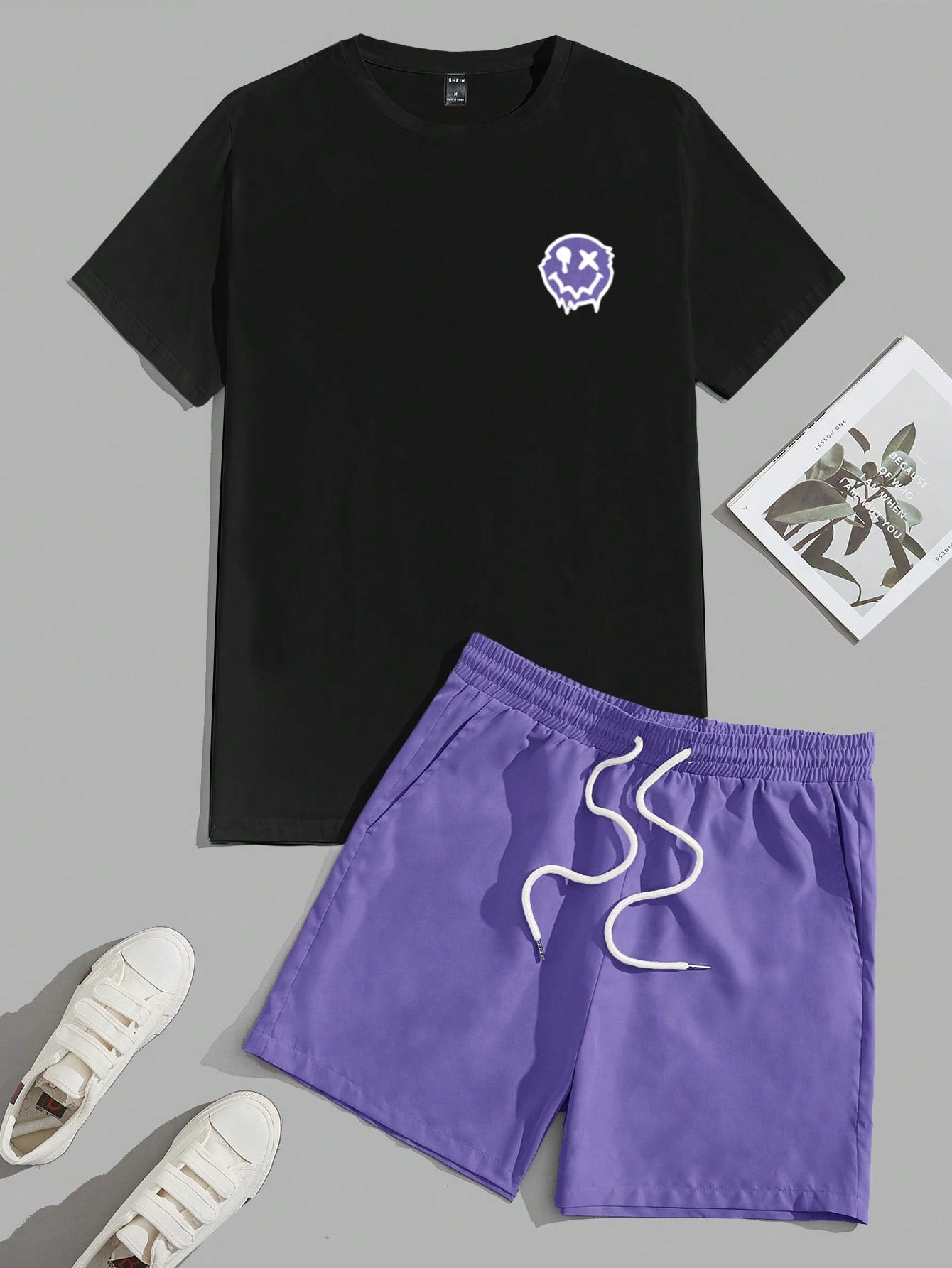 Manfinity UrbanChill Men Cartoon Graphic Tee & Drawstring Waist Shorts Violet Purple