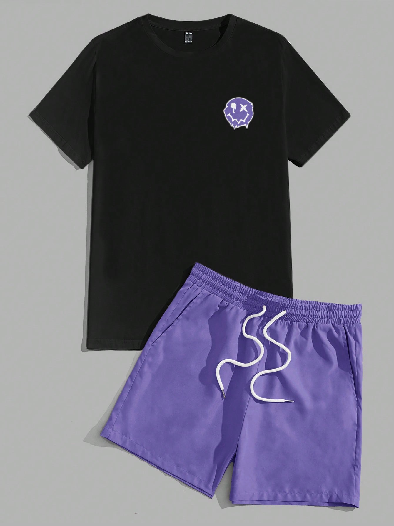 Manfinity UrbanChill Men Cartoon Graphic Tee & Drawstring Waist Shorts Violet Purple