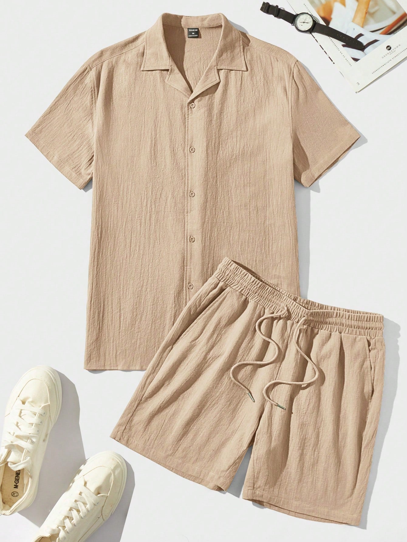 Manfinity VCAY Loose Fit Men's Solid Color Button Front Shirt & Shorts Set Khaki