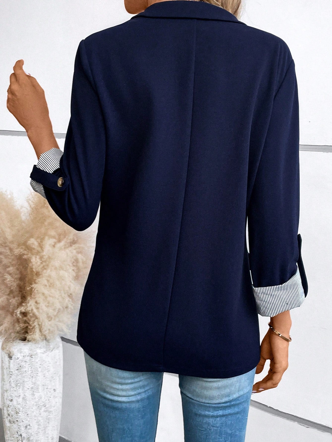 SHEIN LUNE Roll Tab Sleeve Single Button Blazer Office Attire For Women Business Casual Woman Navy Blue
