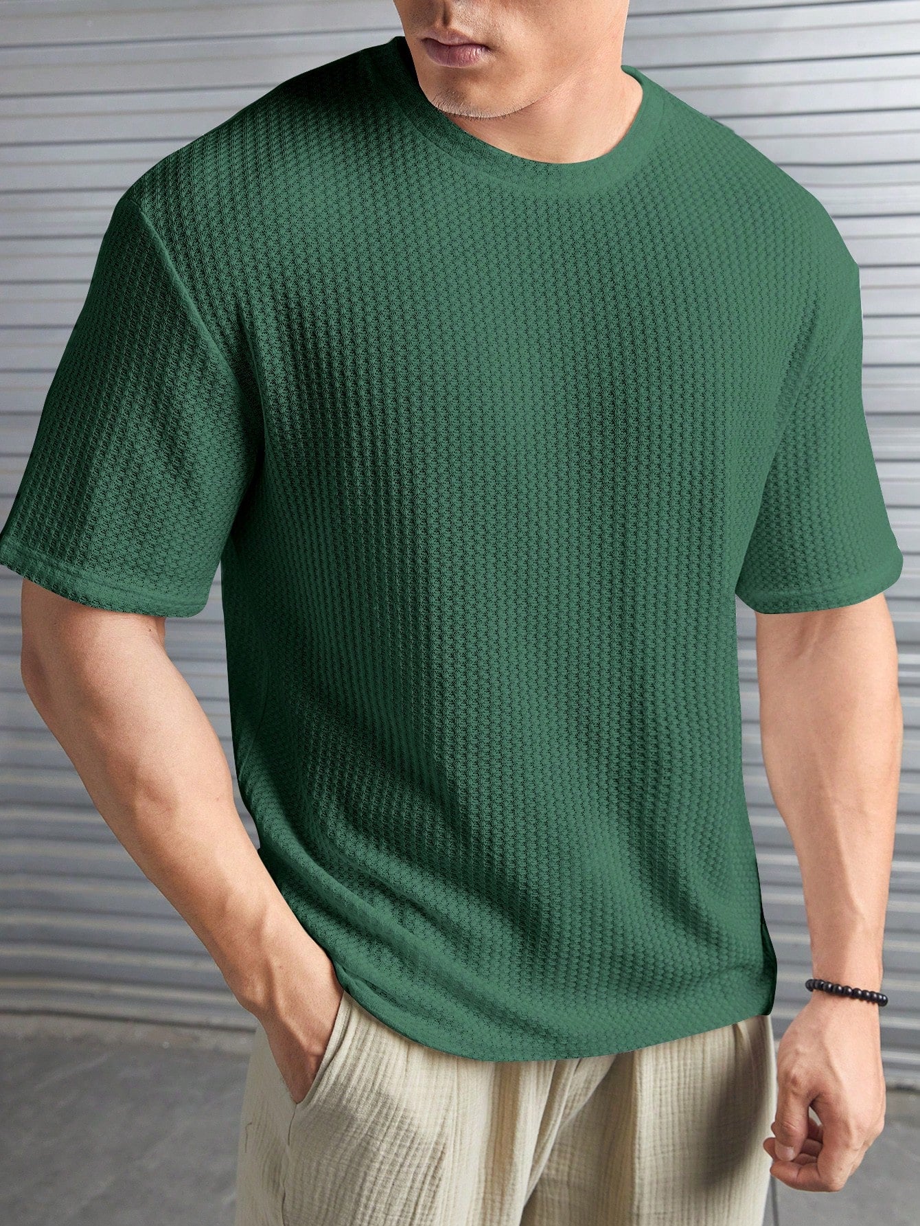 Manfinity Modomio Loose Fit Men's Solid Waffle Knit Short Sleeve Tee Dark Green