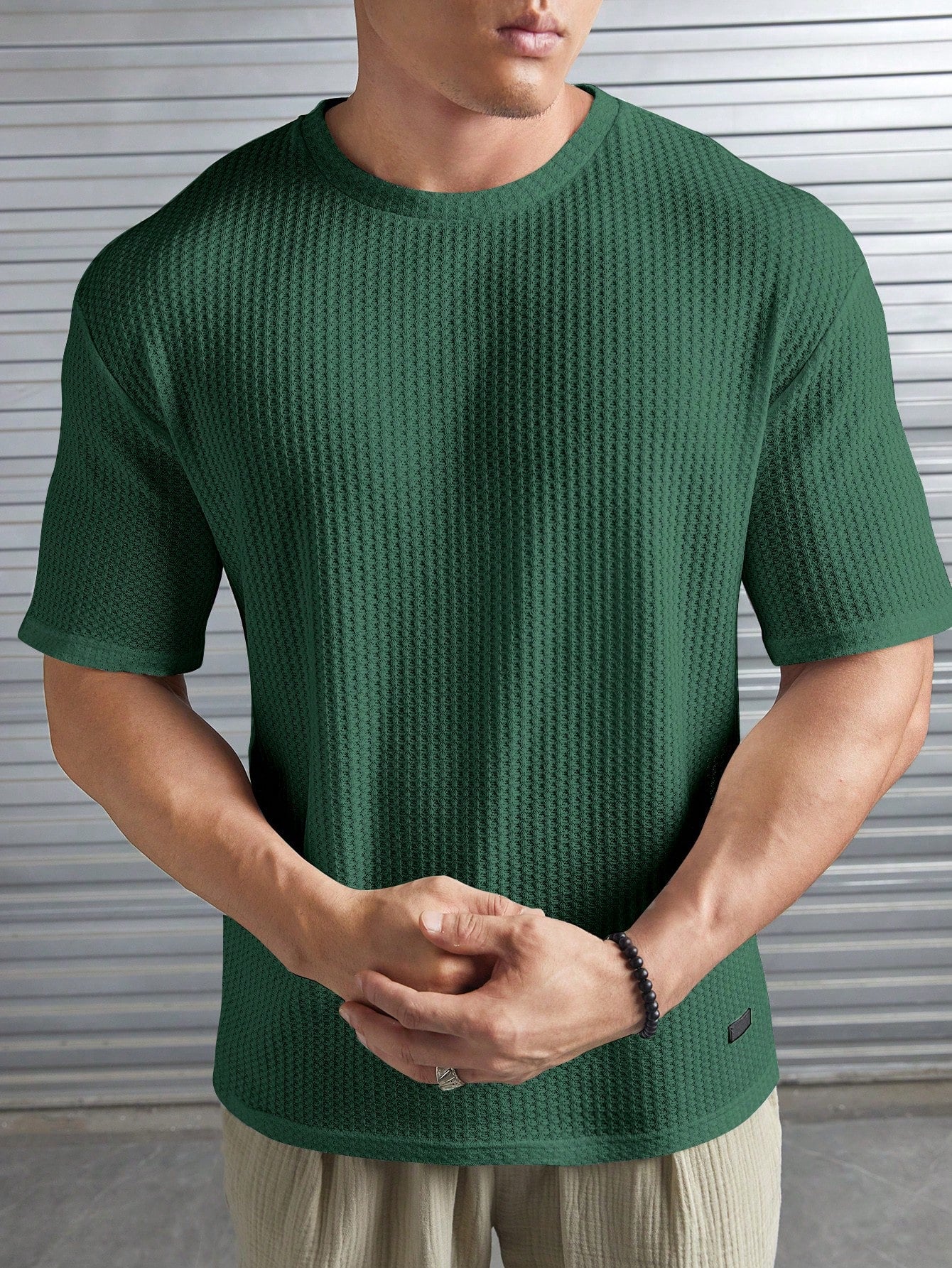 Manfinity Modomio Loose Fit Men's Solid Waffle Knit Short Sleeve Tee Dark Green