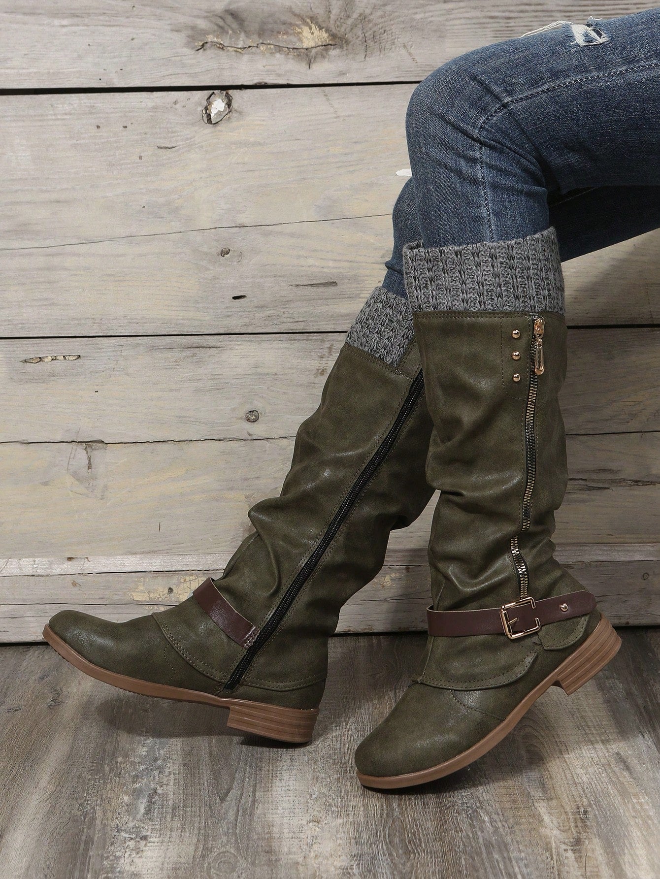 Women's Knee-High Tight Knit Low Heel Riding Boots , Match With Cardigan Army Green
