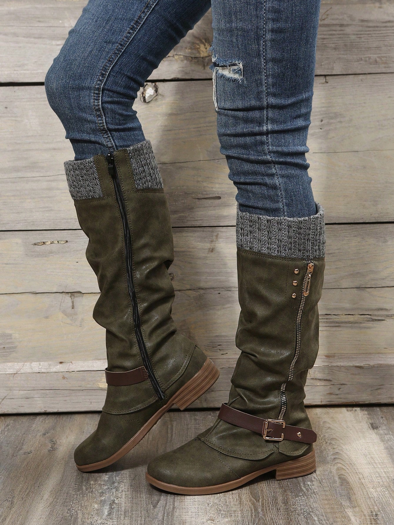 Women's Knee-High Tight Knit Low Heel Riding Boots , Match With Cardigan Army Green