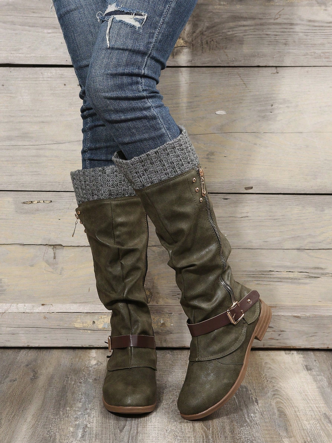 Women's Knee-High Tight Knit Low Heel Riding Boots , Match With Cardigan Army Green