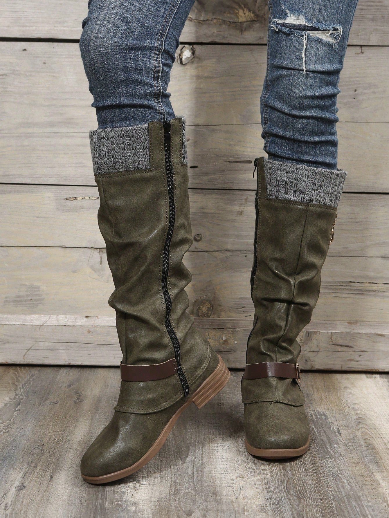 Women's Knee-High Tight Knit Low Heel Riding Boots , Match With Cardigan Army Green