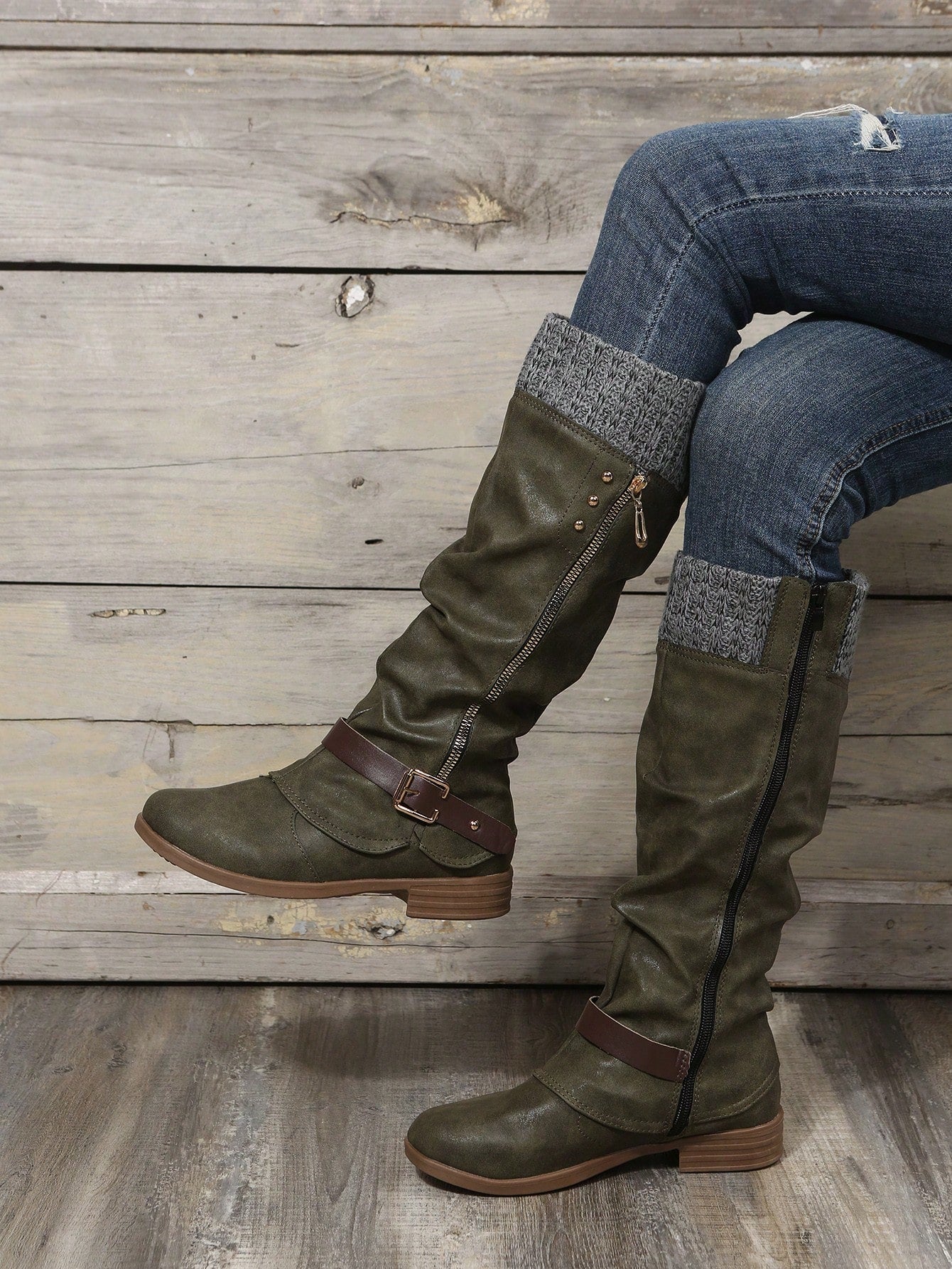 Women's Knee-High Tight Knit Low Heel Riding Boots , Match With Cardigan Army Green