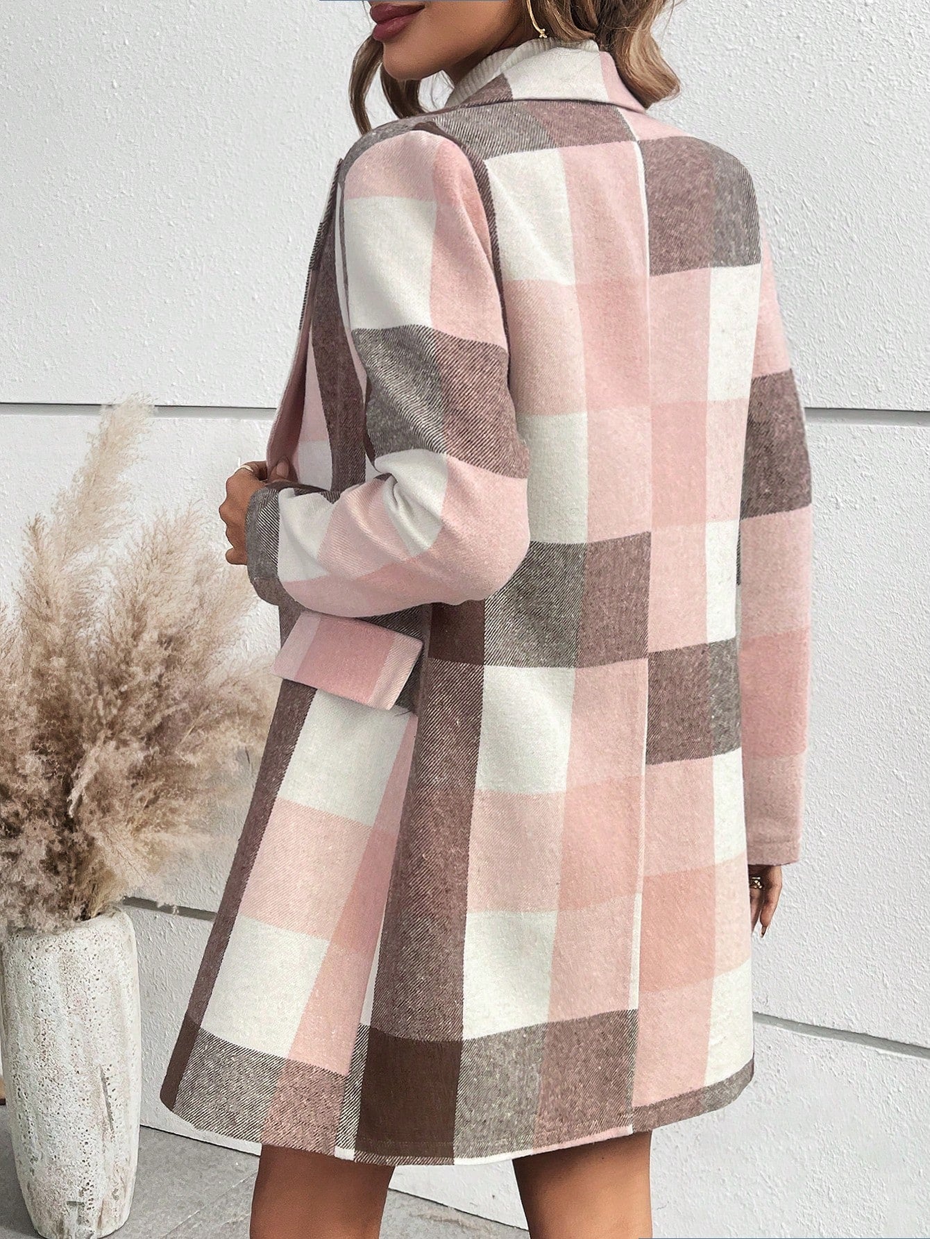 SHEIN Raffinéa Plaid Double Breasted Suit Watermelon Pink