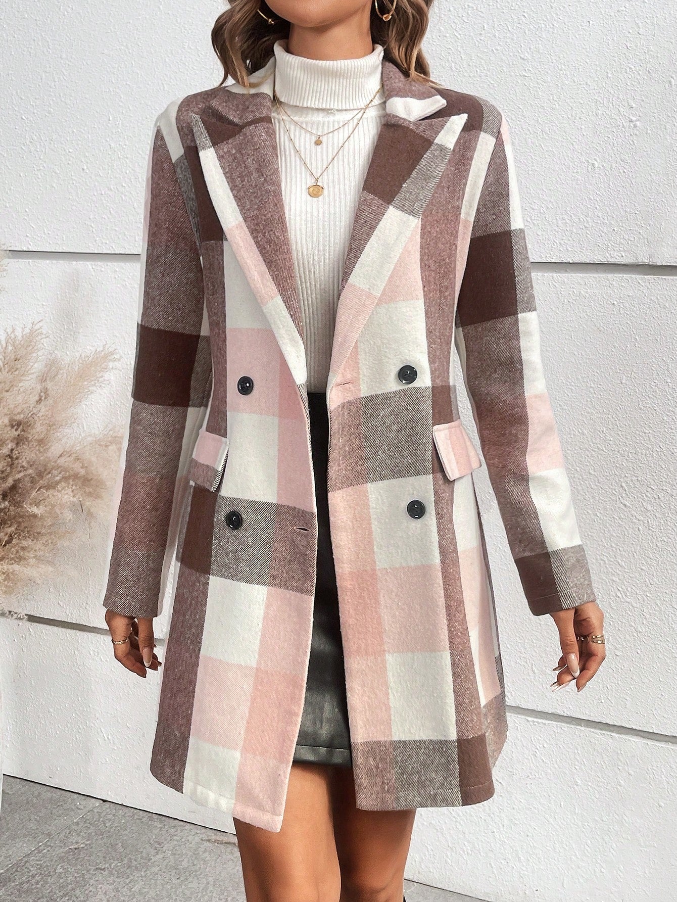 SHEIN Raffinéa Plaid Double Breasted Suit Watermelon Pink