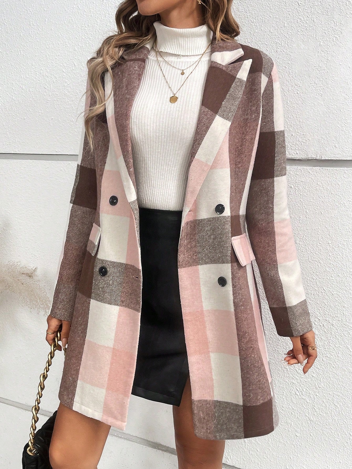 SHEIN Raffinéa Plaid Double Breasted Suit Watermelon Pink