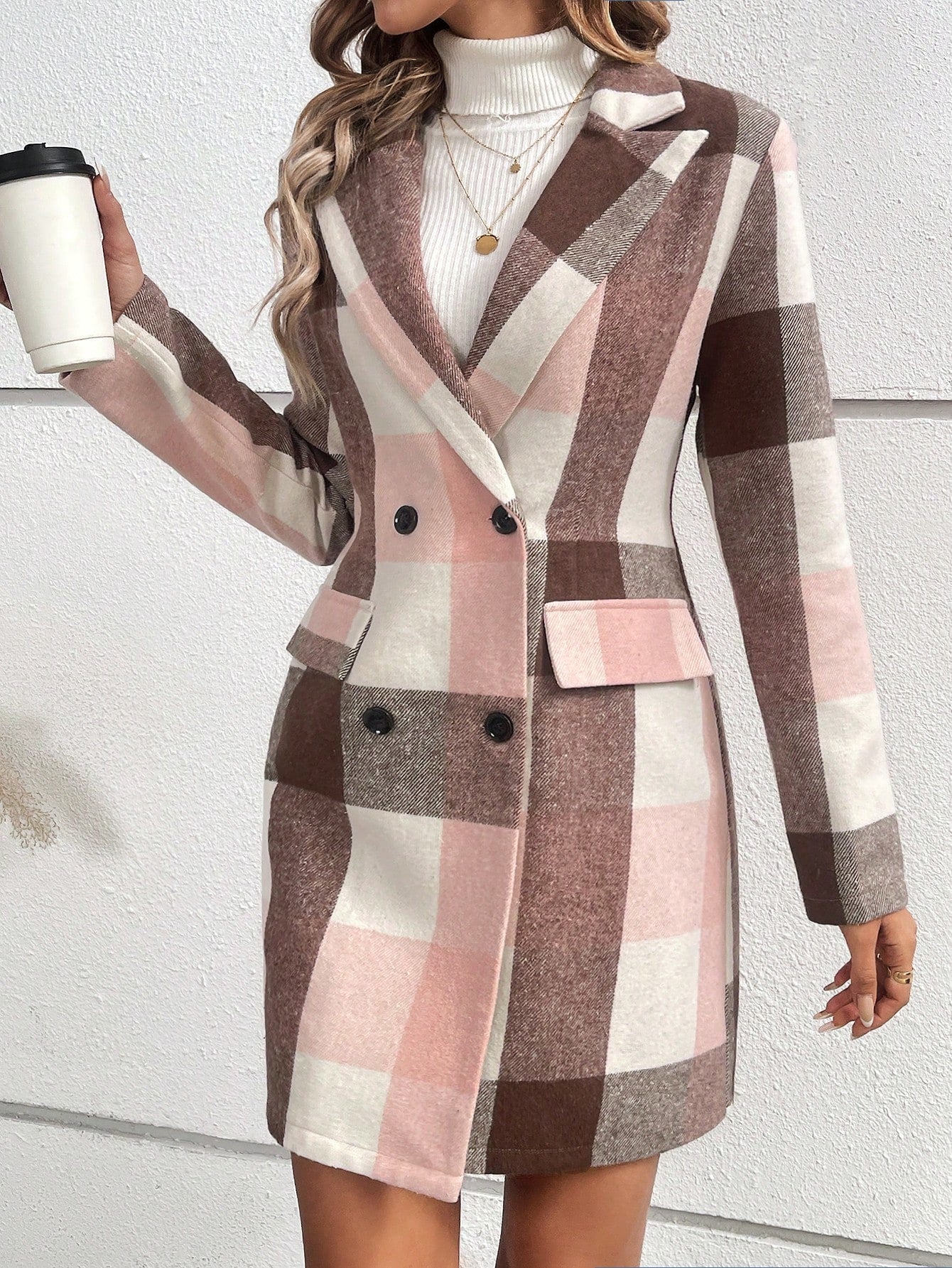 SHEIN Raffinéa Plaid Double Breasted Suit Watermelon Pink