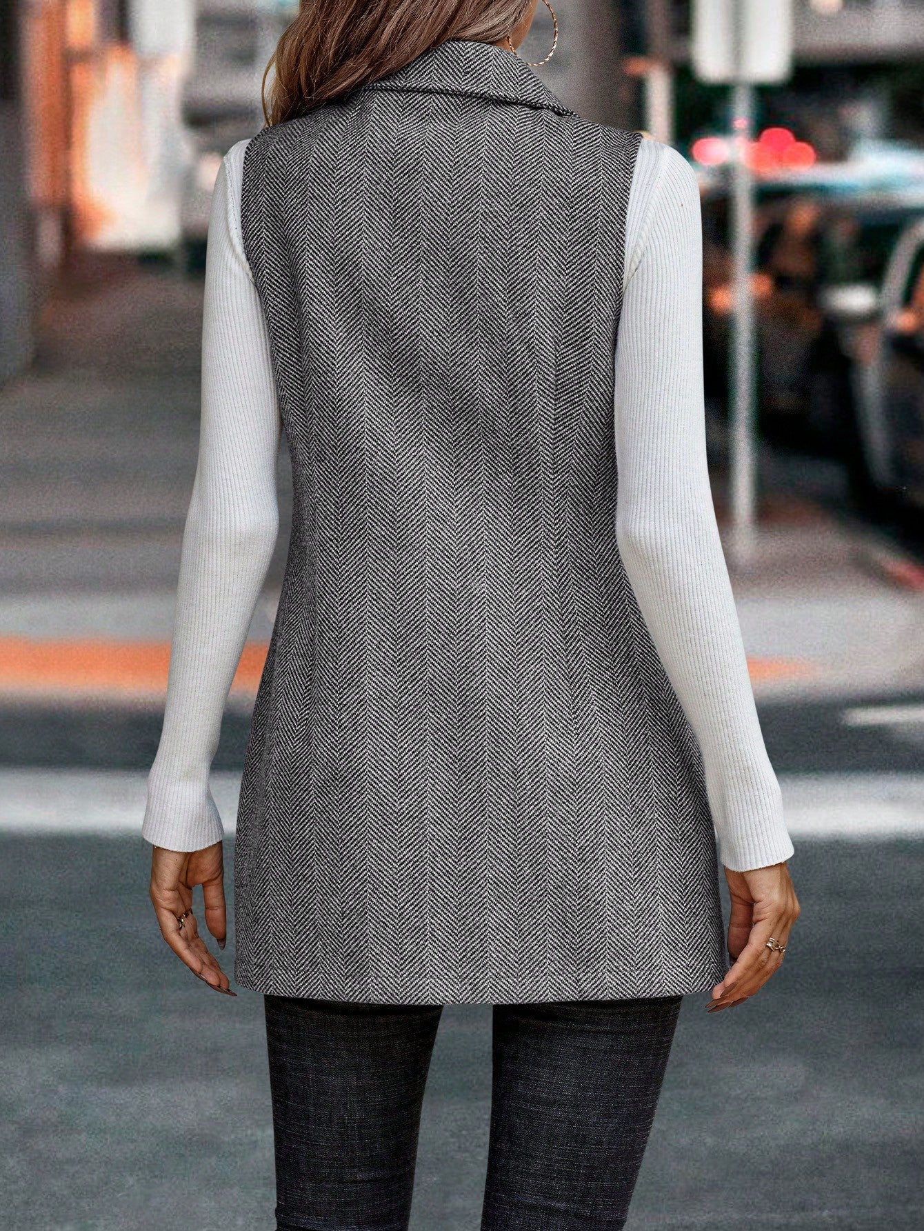SHEIN Raffinéa Lapel Neck Double Breasted Vest Blazer Grey