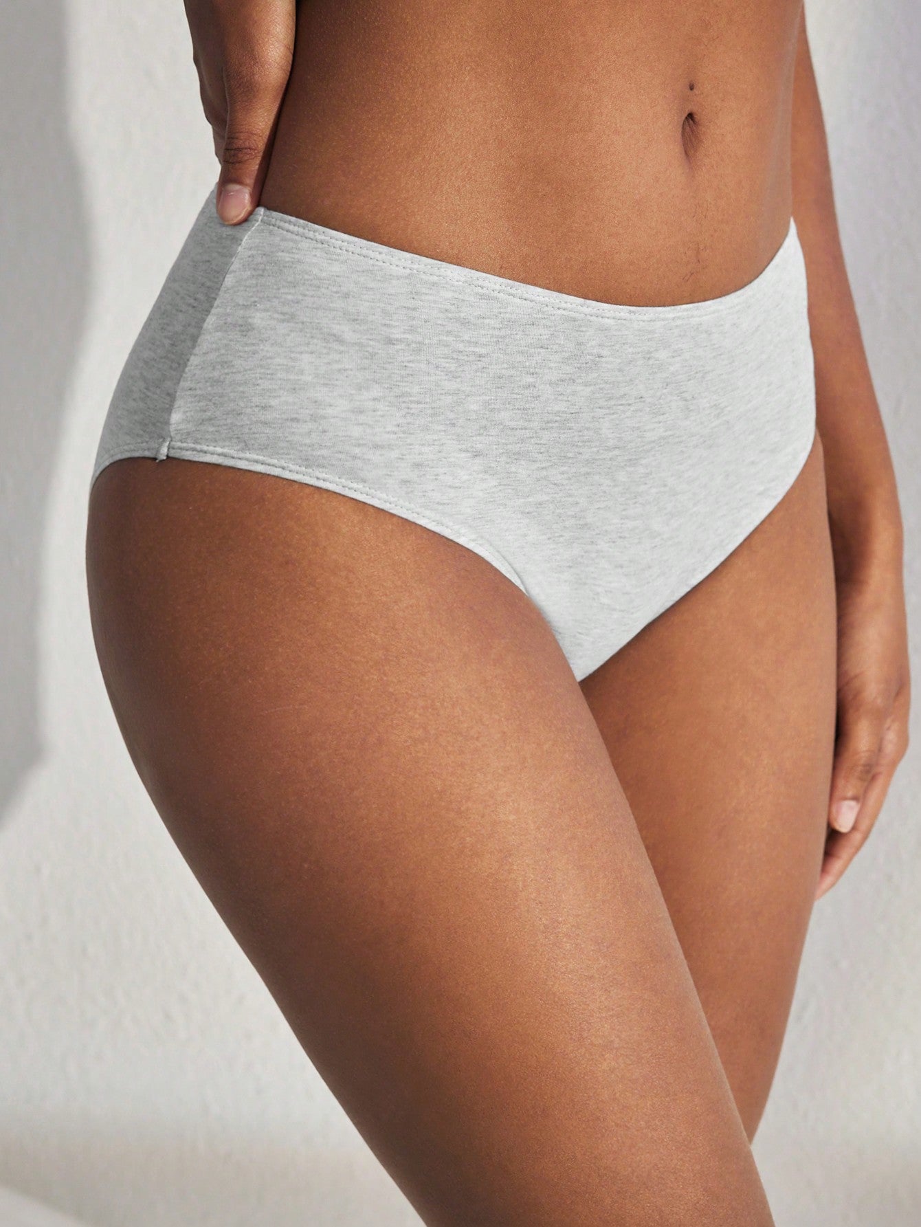 SHEIN Leisure Natural Comfy & Breathable Cotton Pleated Back Solid Brief-Melange Gray Light Grey