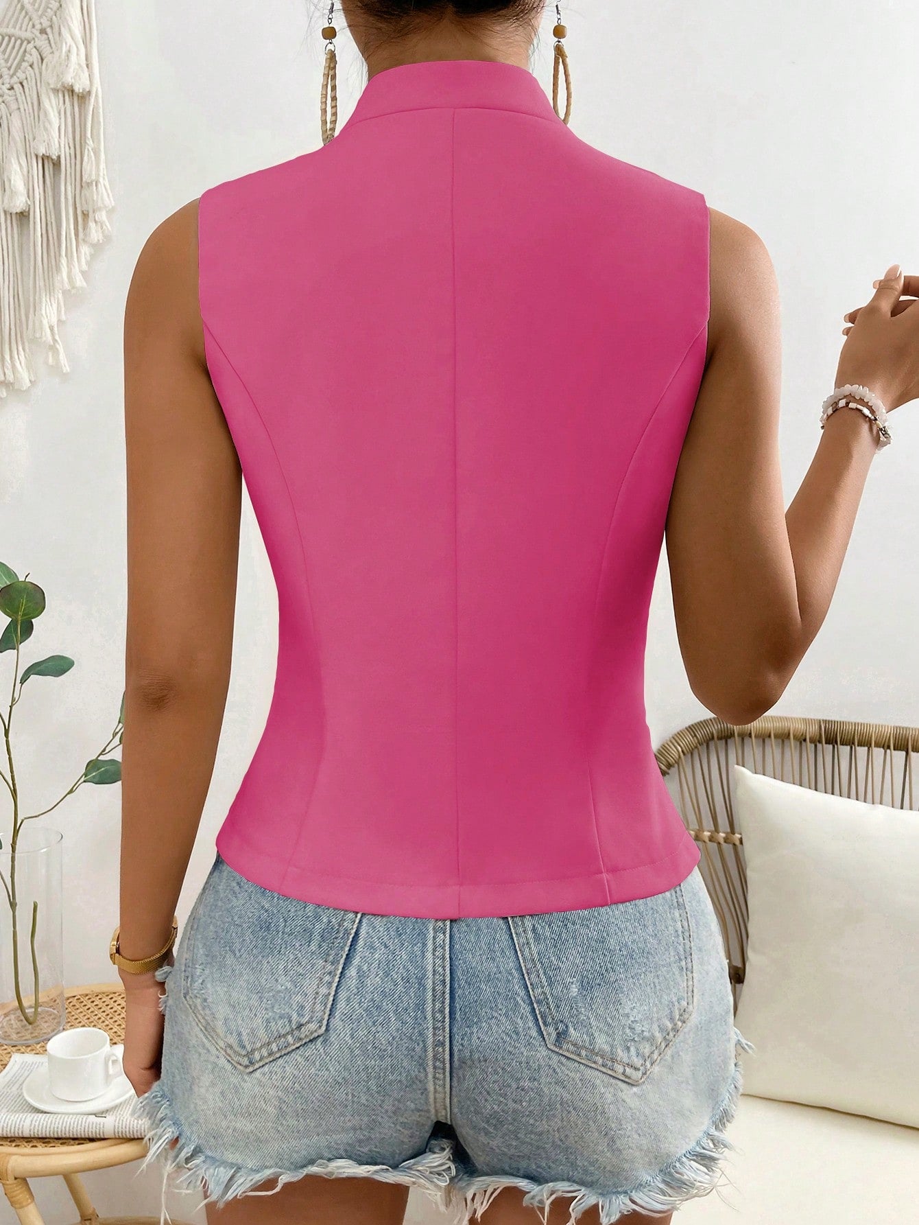 SHEIN Raffinéa Women Fashion Solid Color Sleeveless Blazer Top Pink