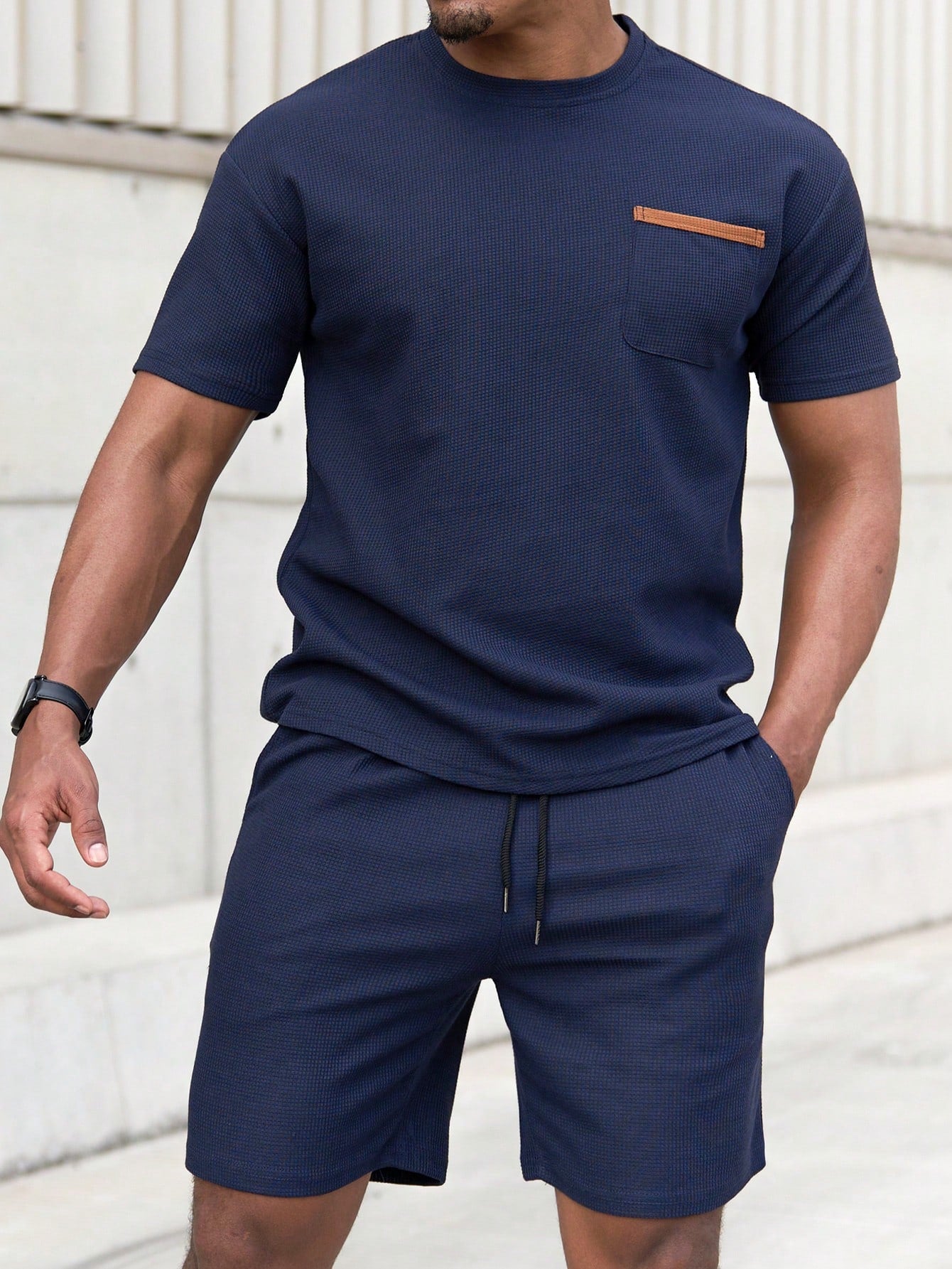 Manfinity Homme Men Summer Casual Color-Block Pocket Short Sleeve T-Shirt And Shorts Set Navy Blue
