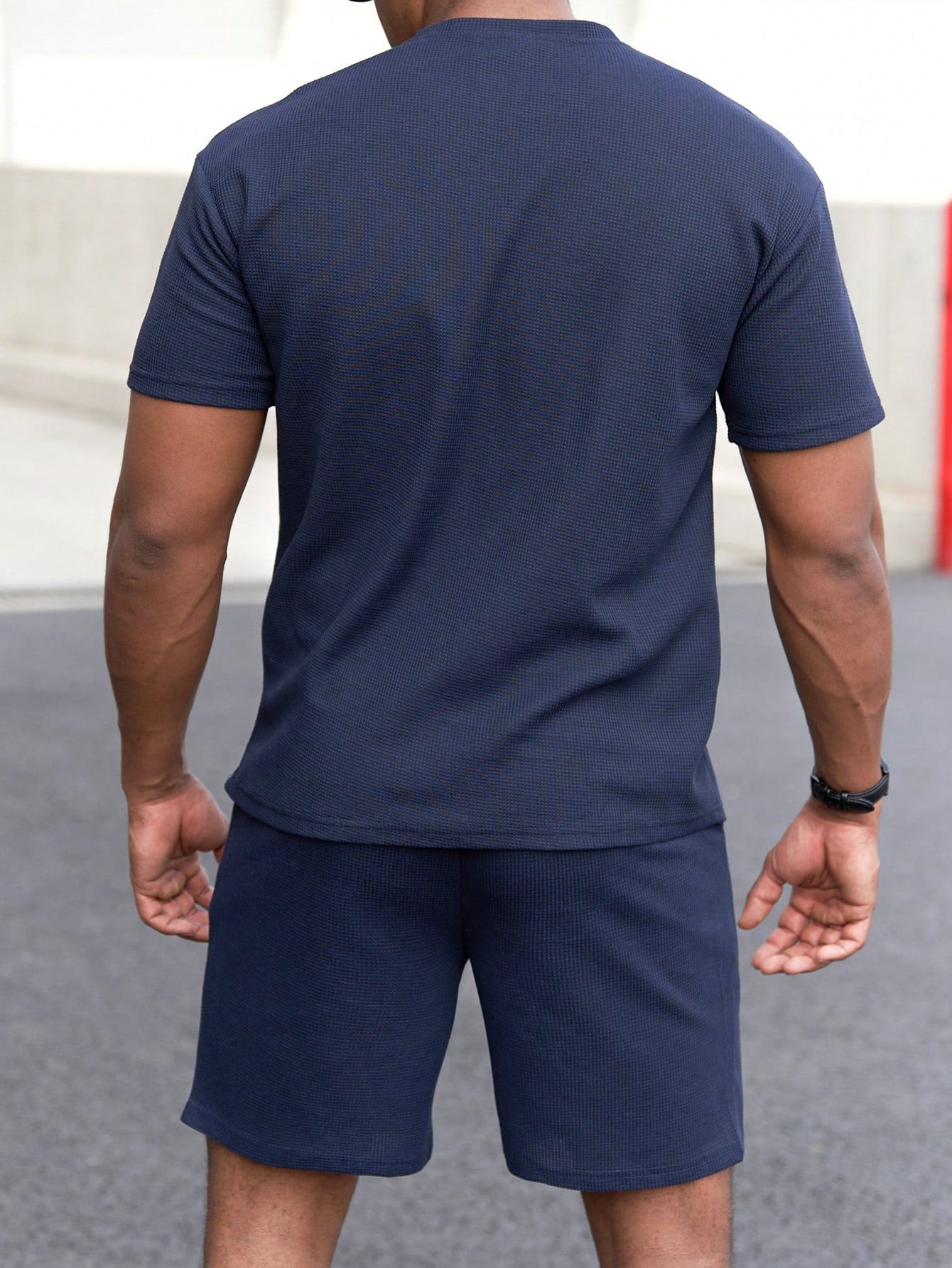 Manfinity Homme Men Summer Casual Color-Block Pocket Short Sleeve T-Shirt And Shorts Set Navy Blue
