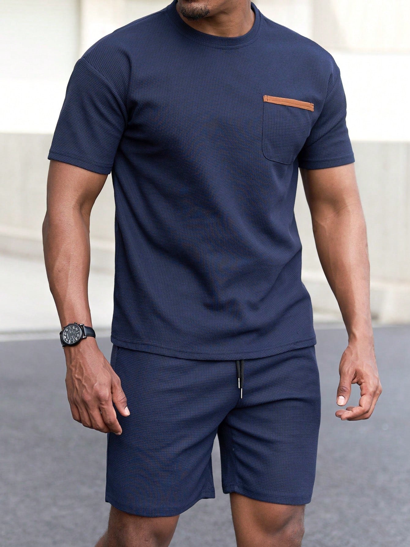 Manfinity Homme Men Summer Casual Color-Block Pocket Short Sleeve T-Shirt And Shorts Set Navy Blue