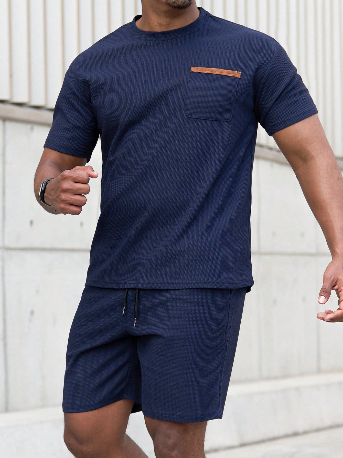 Manfinity Homme Men Summer Casual Color-Block Pocket Short Sleeve T-Shirt And Shorts Set Navy Blue