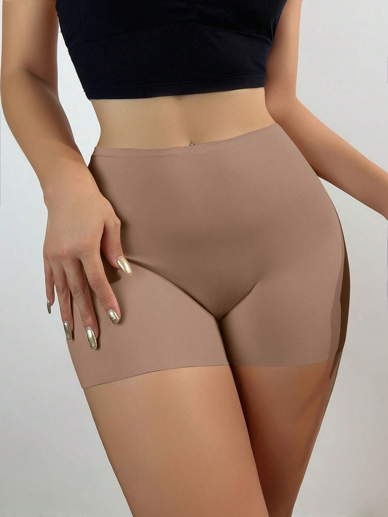 Women's Seamless Ice Silk Safety Shorts With Anti-Light And Non-Rolling Edge Design, Mid-Waist Boxer Briefs For Bottoming Coffee Brown