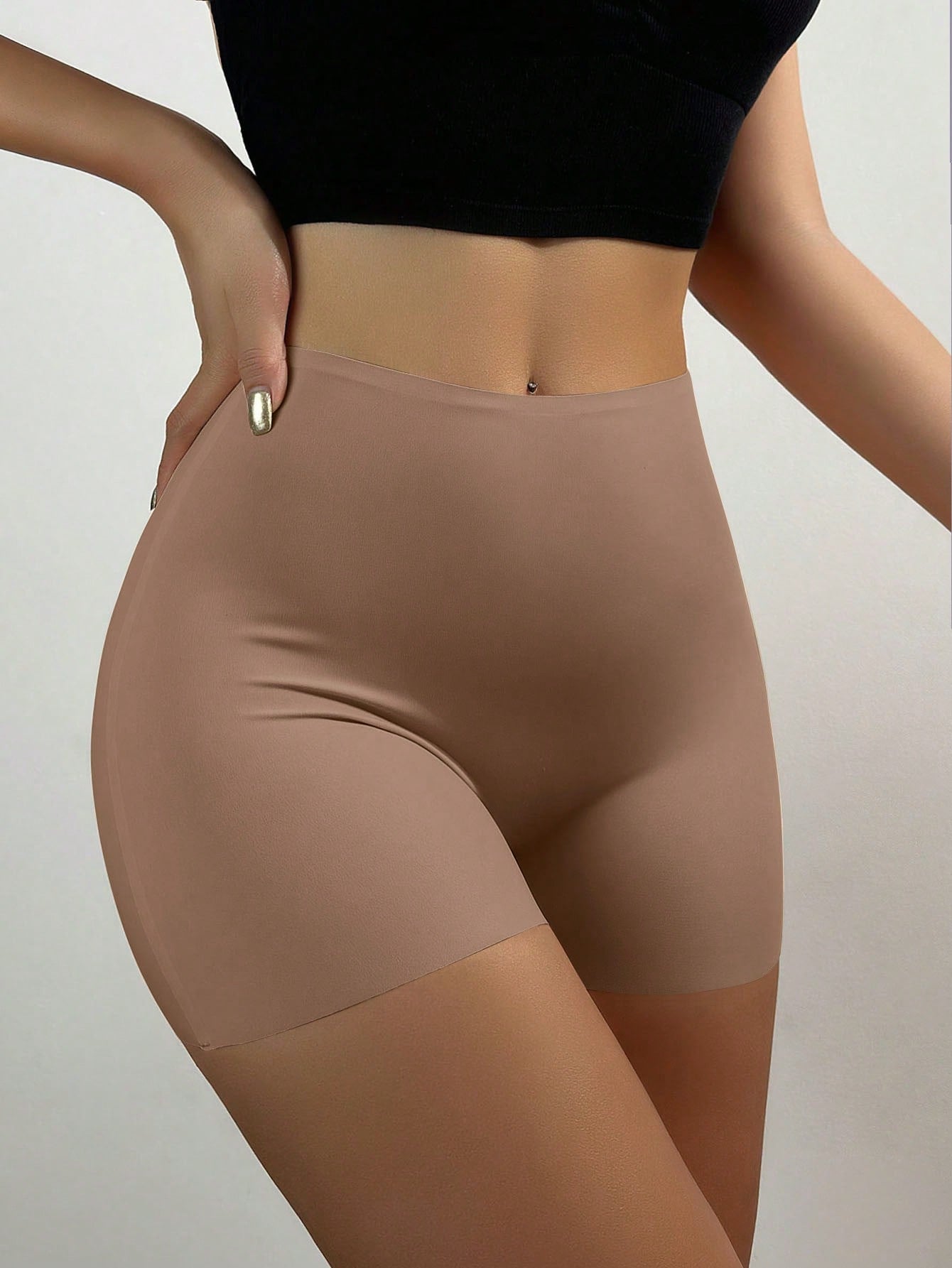 Women's Seamless Ice Silk Safety Shorts With Anti-Light And Non-Rolling Edge Design, Mid-Waist Boxer Briefs For Bottoming Coffee Brown