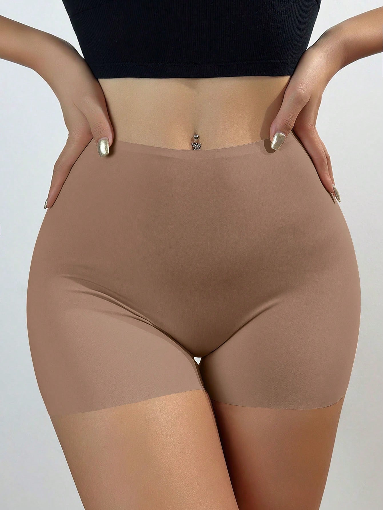 Women's Seamless Ice Silk Safety Shorts With Anti-Light And Non-Rolling Edge Design, Mid-Waist Boxer Briefs For Bottoming Coffee Brown