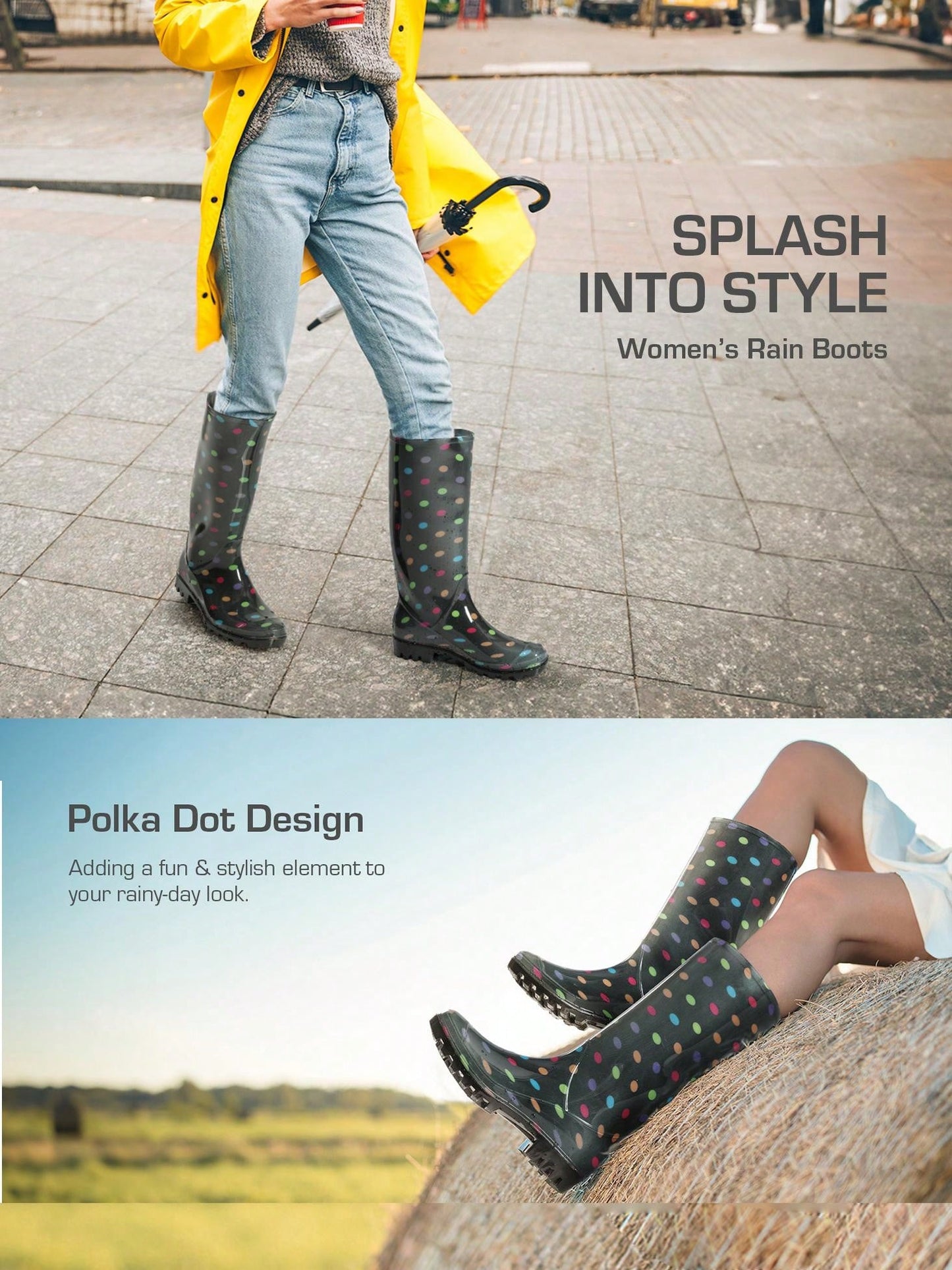 Women Wellington Boots Rain Boots Waterproof Knee High Boots, For Outdoor Garden Hiking Work Black