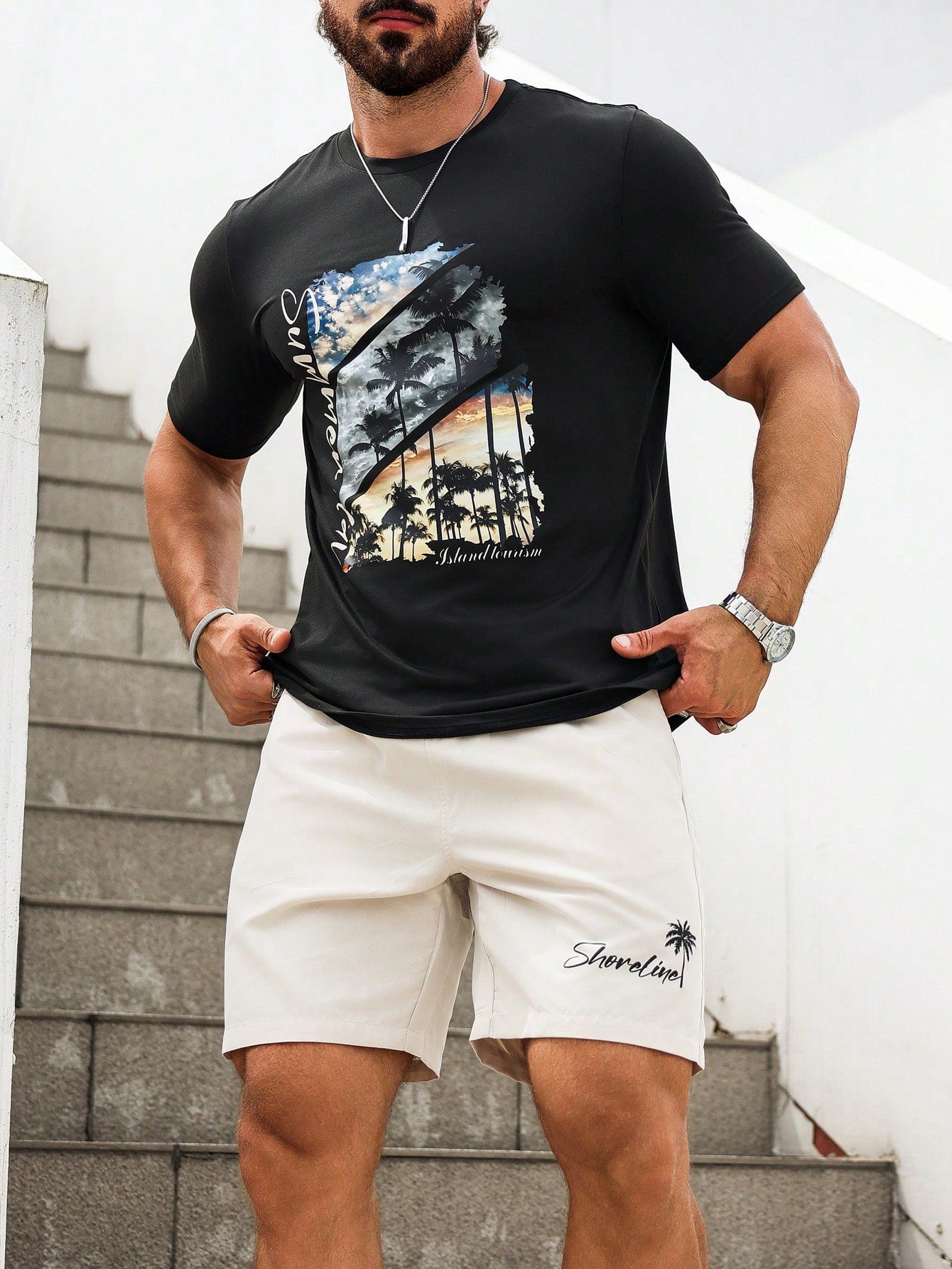 Manfinity Homme Men's Palm Tree Letter Printed Round Neck Short Sleeve Casual T-Shirt And Shorts Set, Summer Multicolor