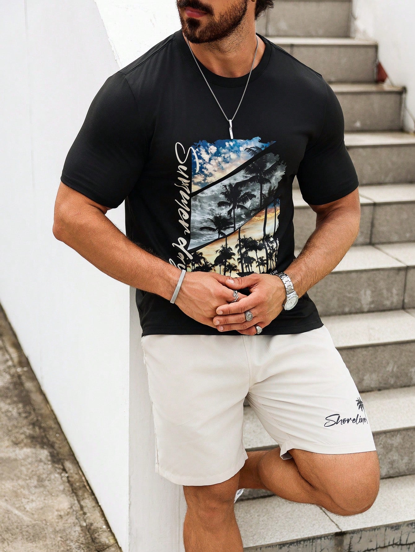 Manfinity Homme Men's Palm Tree Letter Printed Round Neck Short Sleeve Casual T-Shirt And Shorts Set, Summer Multicolor