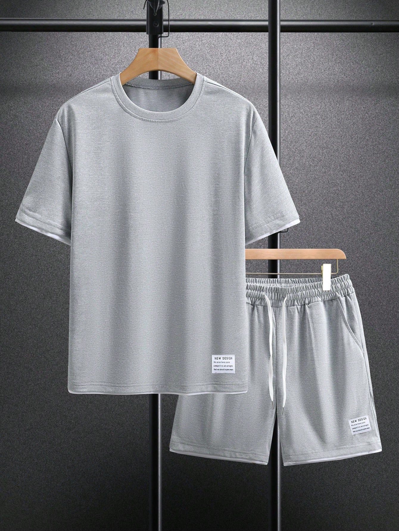 Manfinity Homme Men Letter Patched Detail Contrast Trim Tee & Drawstring Waist Shorts Light Grey