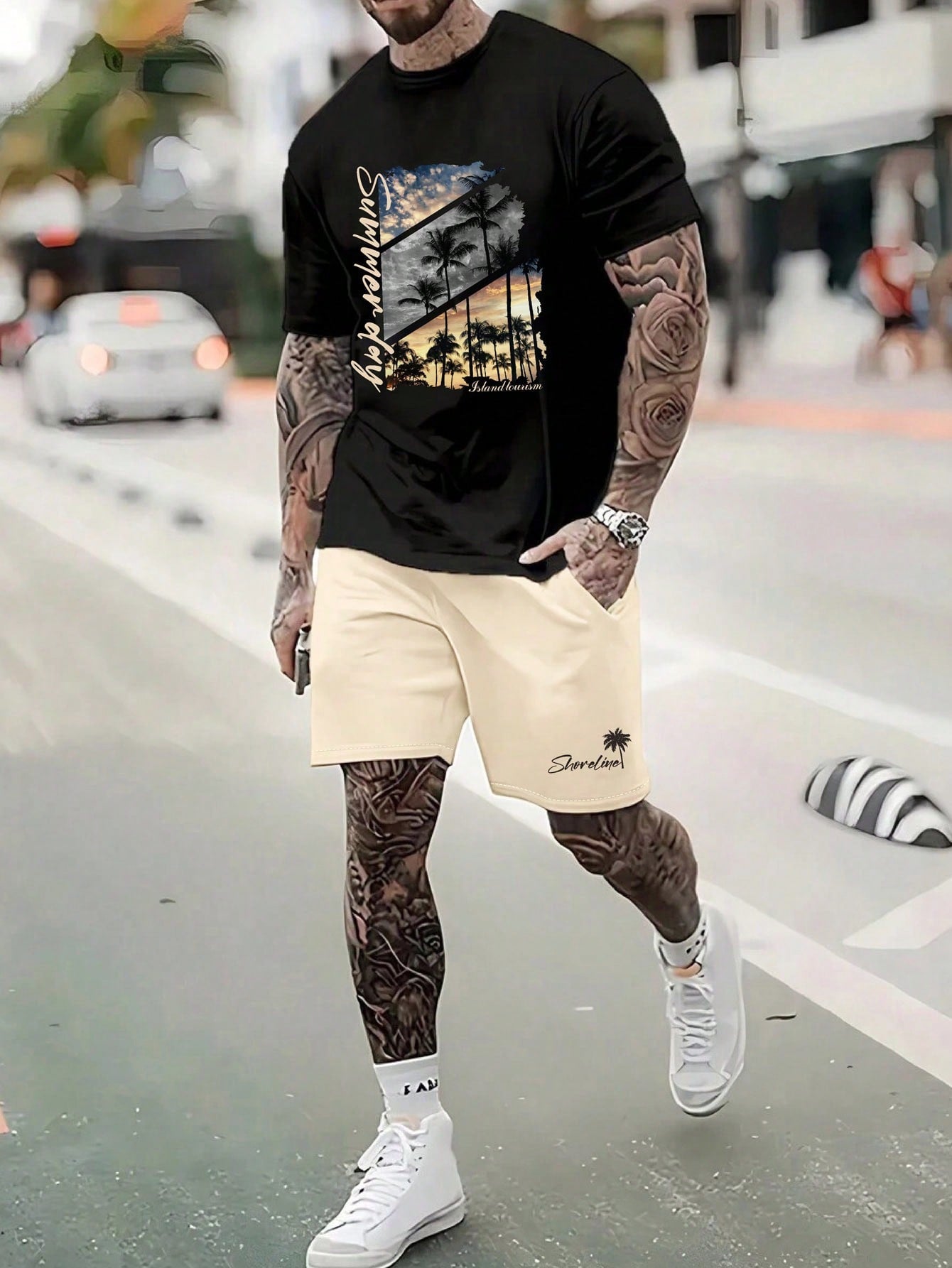 Manfinity Homme Men's Palm Tree Letter Printed Round Neck Short Sleeve Casual T-Shirt And Shorts Set, Summer Multicolor