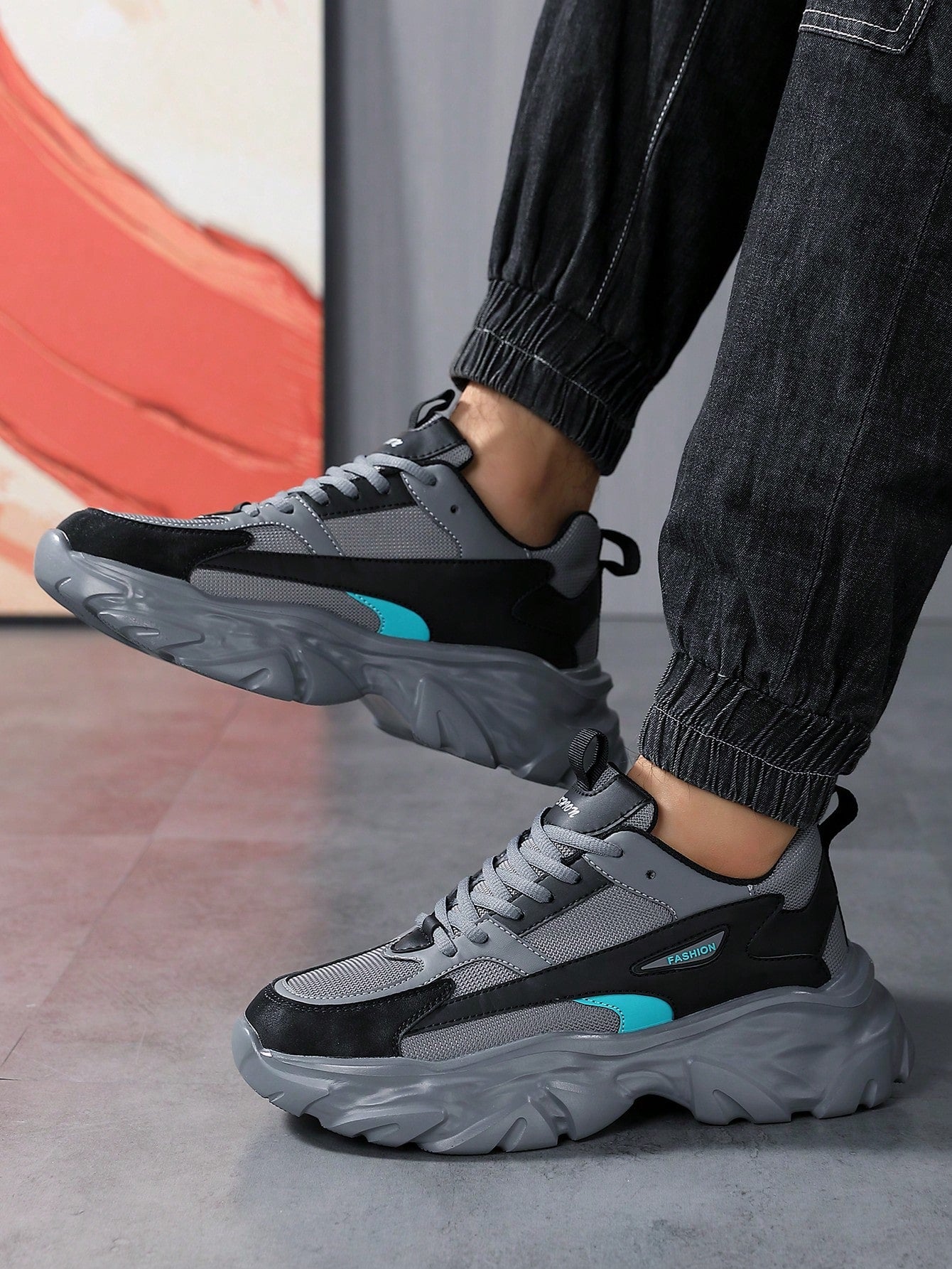 Men's Fashionable Color Block Breathable Front Strap Sports Shoes, Lightweight And Durable Casual Running Shoes For Daily Wear Grey