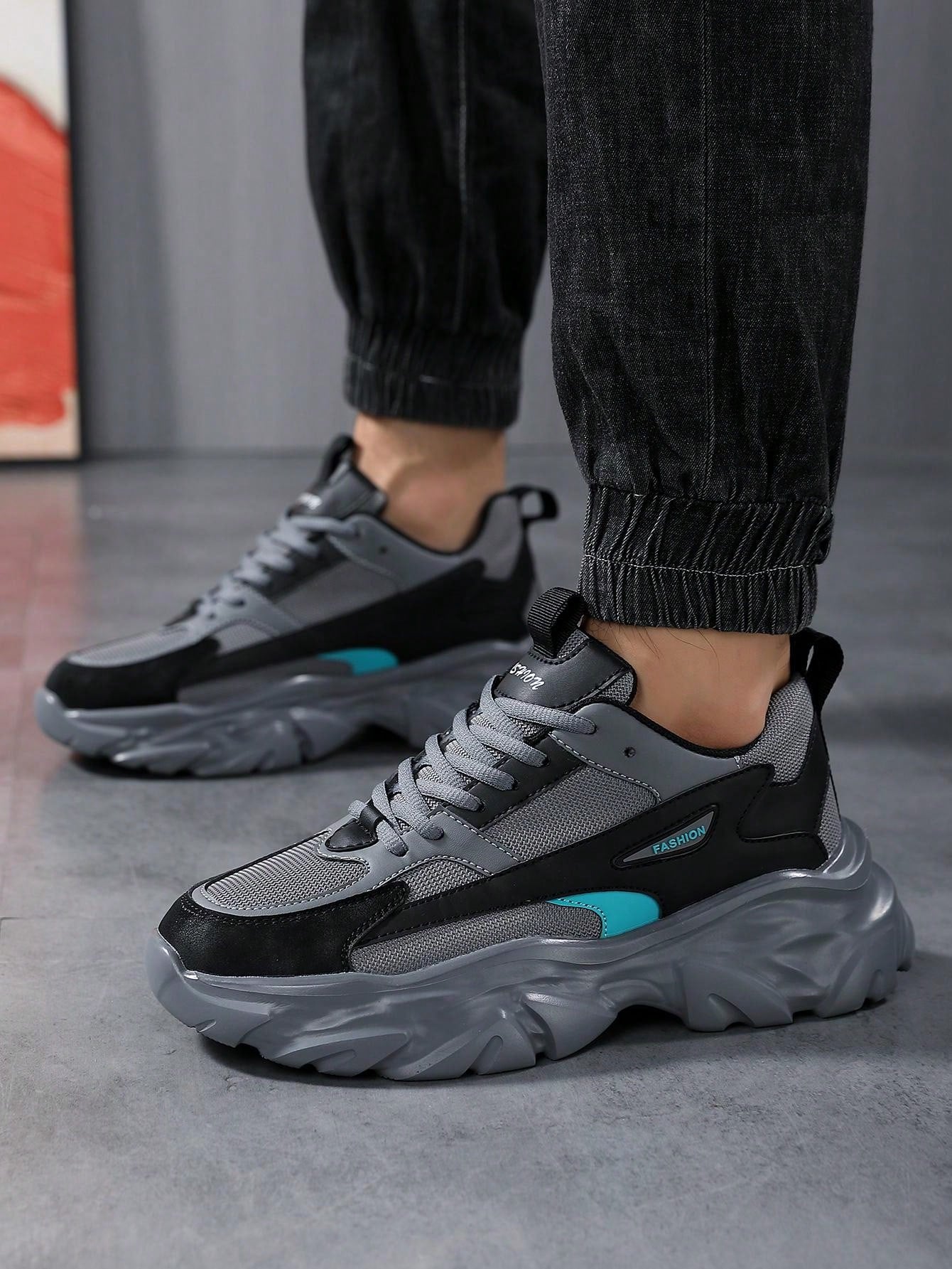 Men's Fashionable Color Block Breathable Front Strap Sports Shoes, Lightweight And Durable Casual Running Shoes For Daily Wear Grey