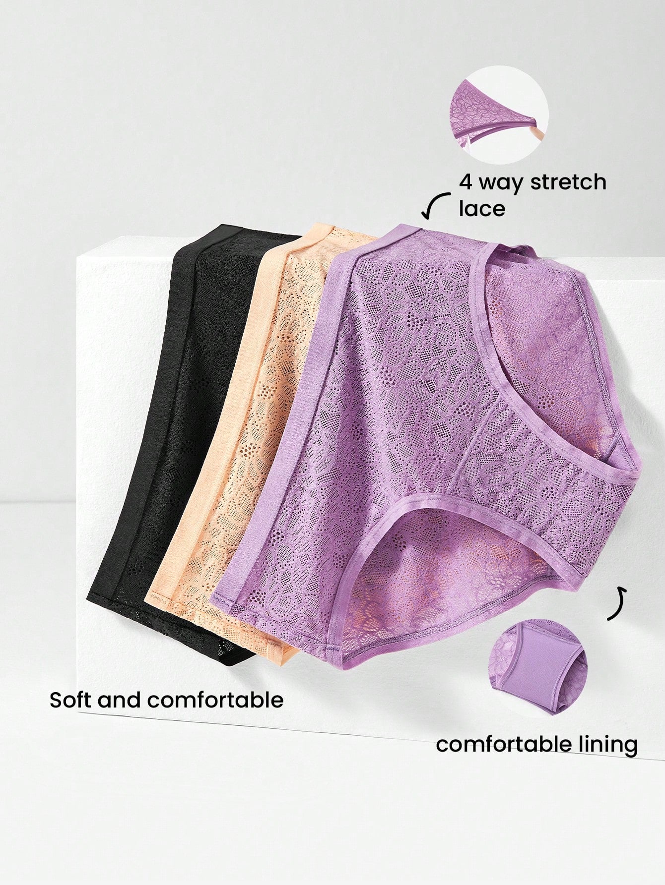 LUVLETTE 3-Pack Lingerie Sexy Mid-Waist Stretchy Comfy Lace Briefs Women Underwear Panties Set Multicolor