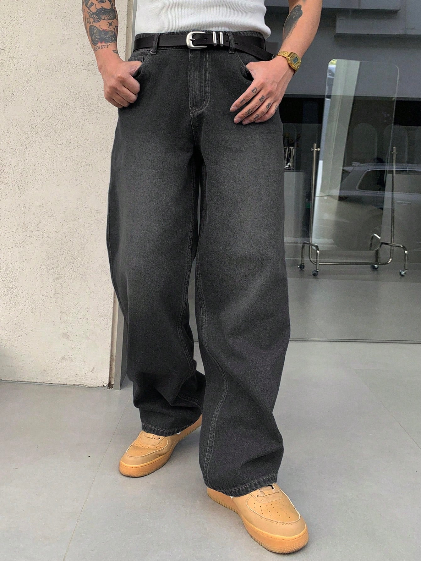 DAZY Men's Casual Straight Leg Washed Baggy Jeans Dark Grey