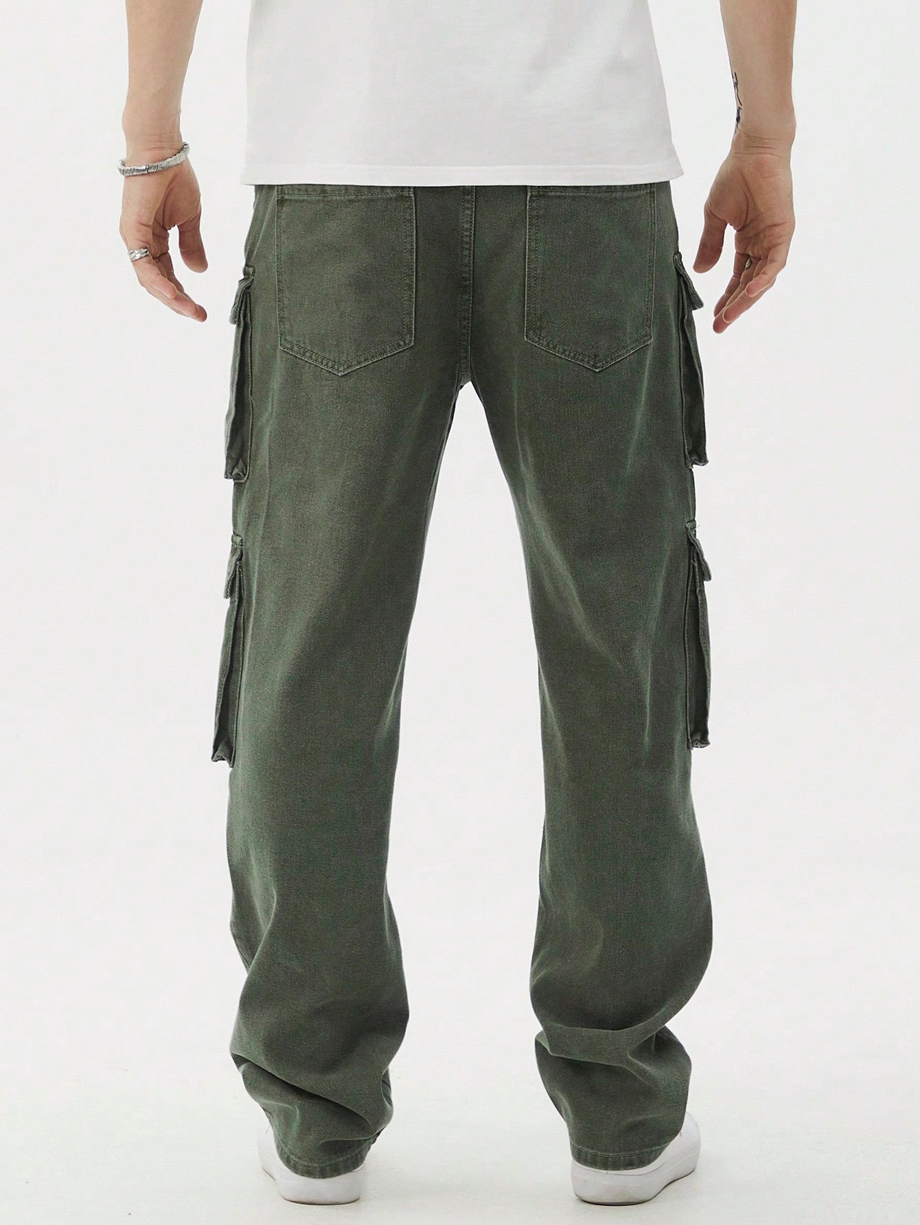 Manfinity EMRG Men Casual Washed Denim Cargo Pants, Plain Olive Green Long Straight Leg Washed Cargo Jeans, For Husband, Boyfriend Gifts Army Green