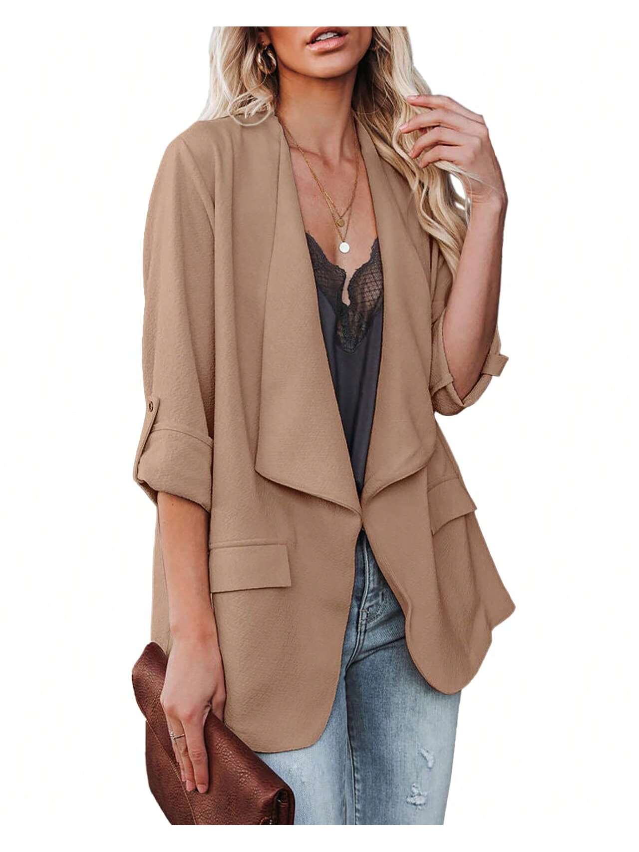 Garvee Womens Casual Blazer Jackets Roll Up Long Sleeve Open Front Work Office Business Blazers With Pockets Khaki