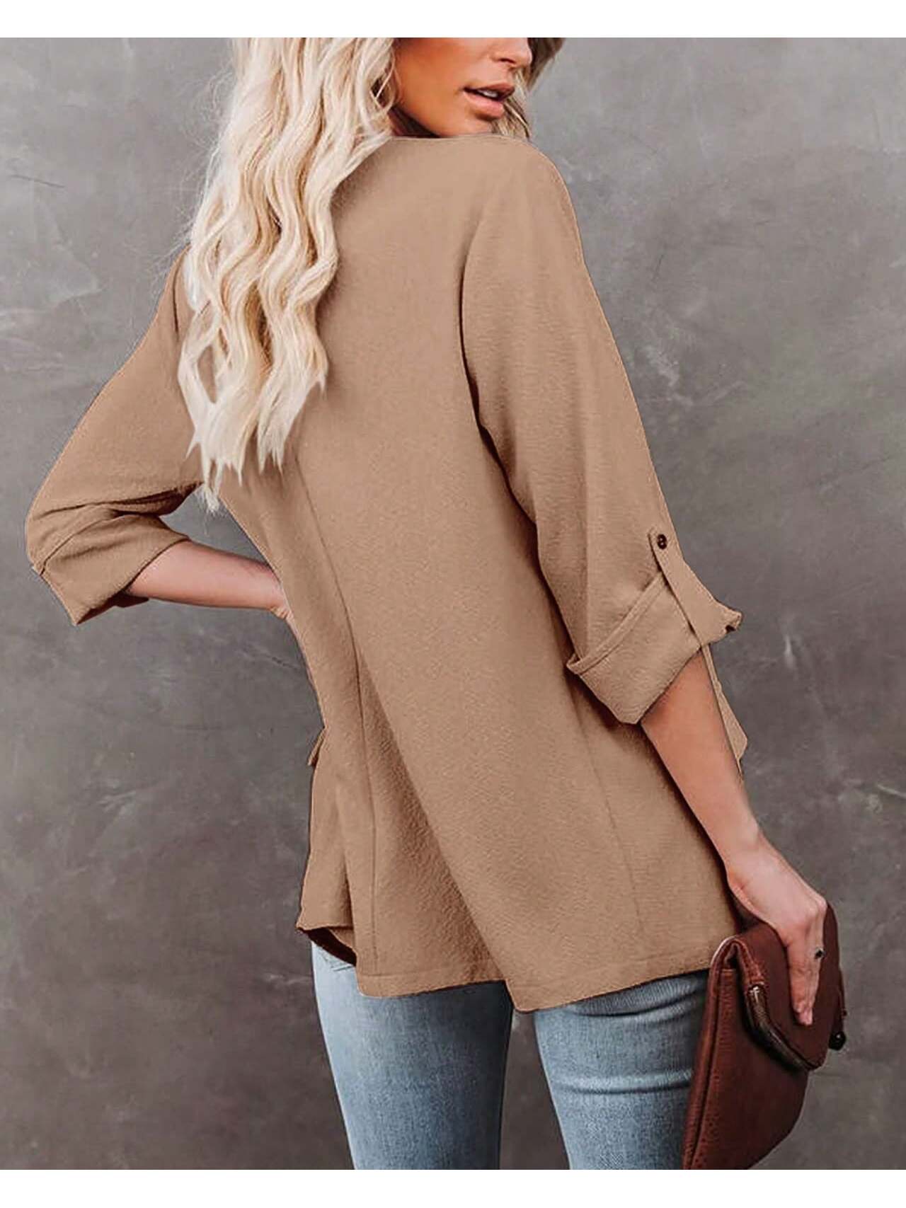 Garvee Womens Casual Blazer Jackets Roll Up Long Sleeve Open Front Work Office Business Blazers With Pockets Khaki