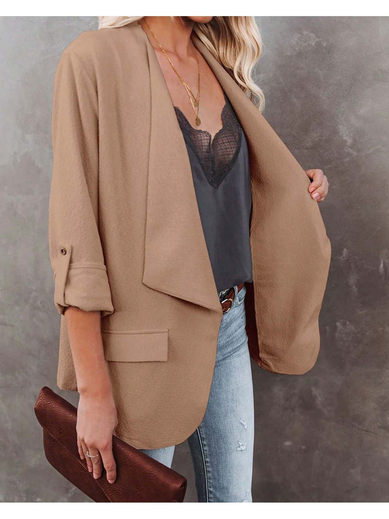 Garvee Womens Casual Blazer Jackets Roll Up Long Sleeve Open Front Work Office Business Blazers With Pockets Khaki