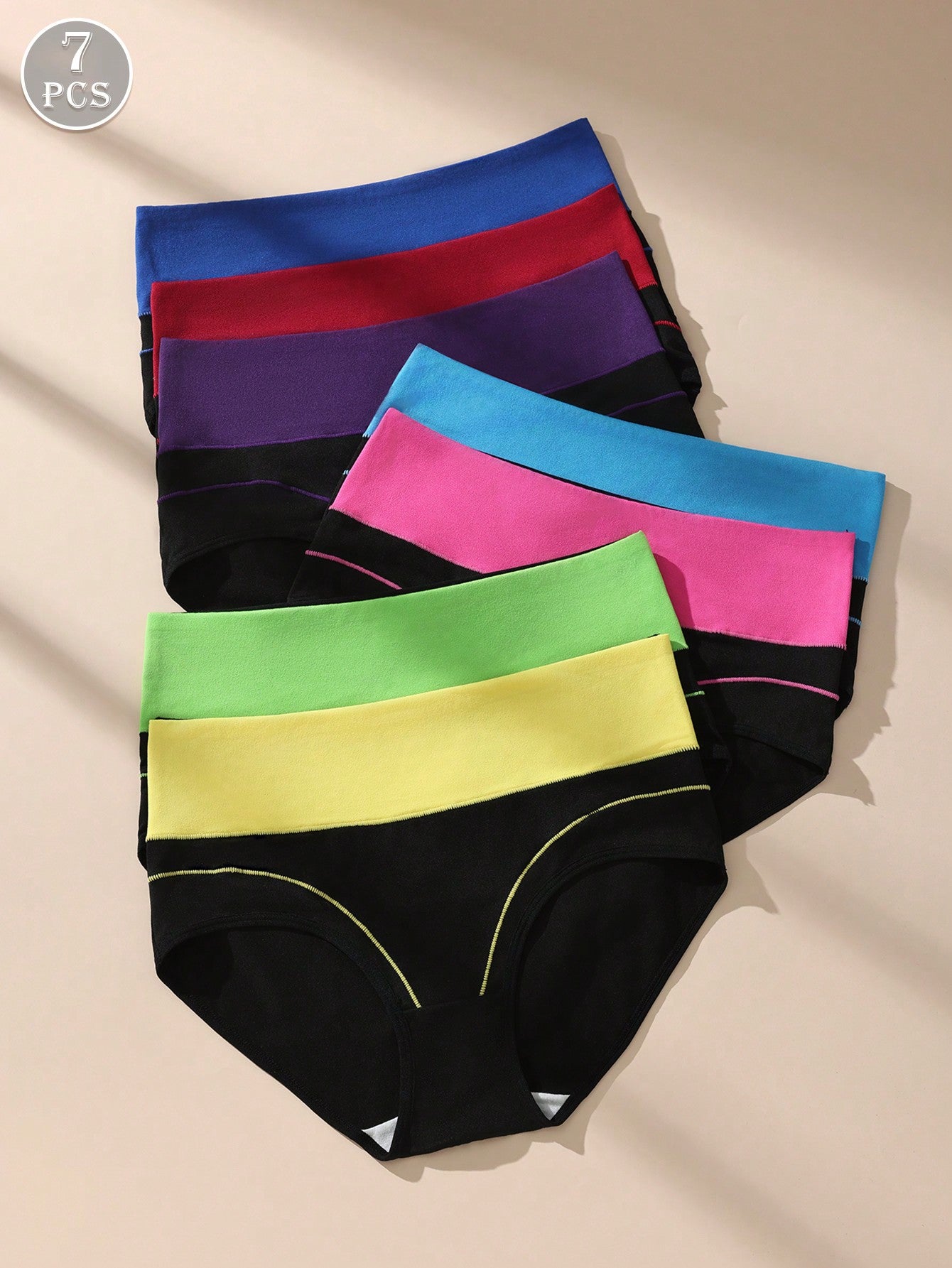 7pcs/Pack Comfortable & Soft High Waist Colorblock Brief Lingerie Multicolor