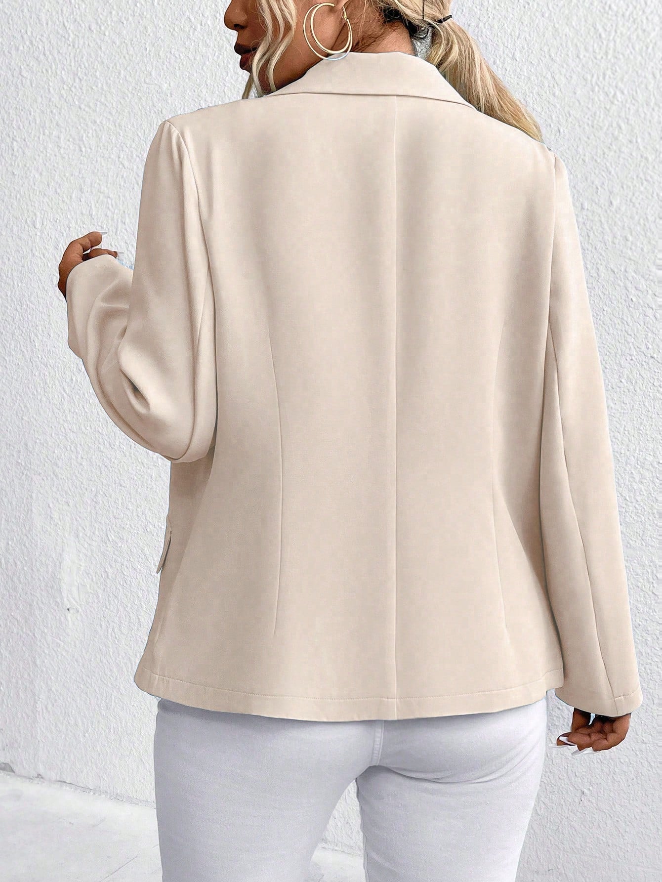 SHEIN LUNE Plus Size Women's Solid Color Notched Collar Long Sleeve Double-Breasted Casual Blazer Khaki