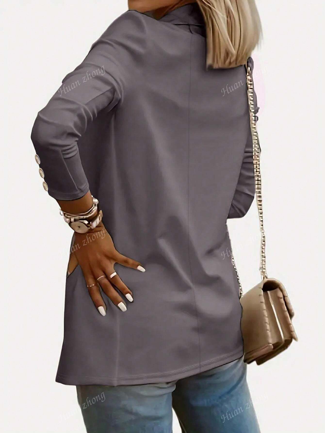 New Elegant Long Sleeve Lapel Blazer Jacket For Women Grey