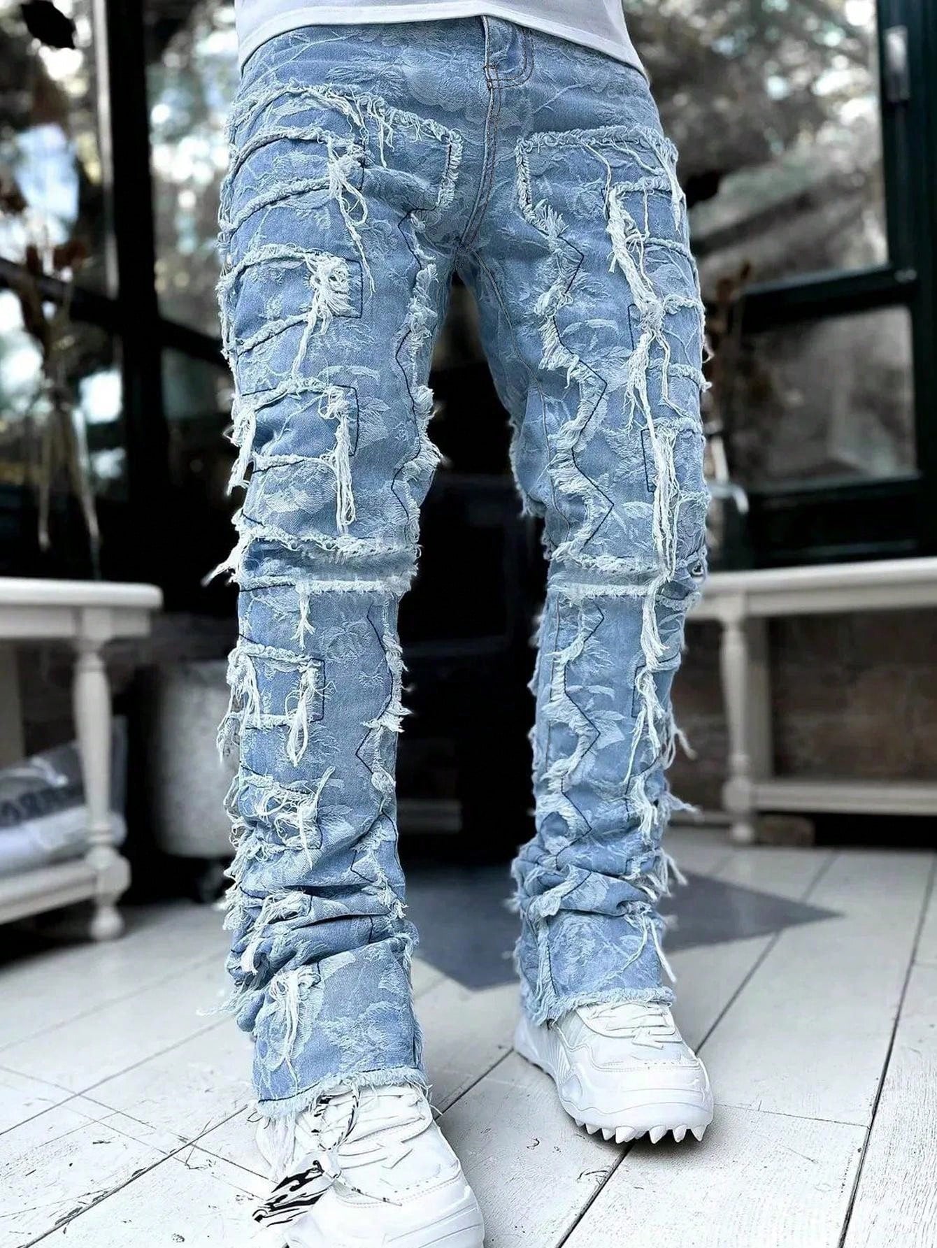 Men's Distressed Slim Fit Casual Jeans Blue