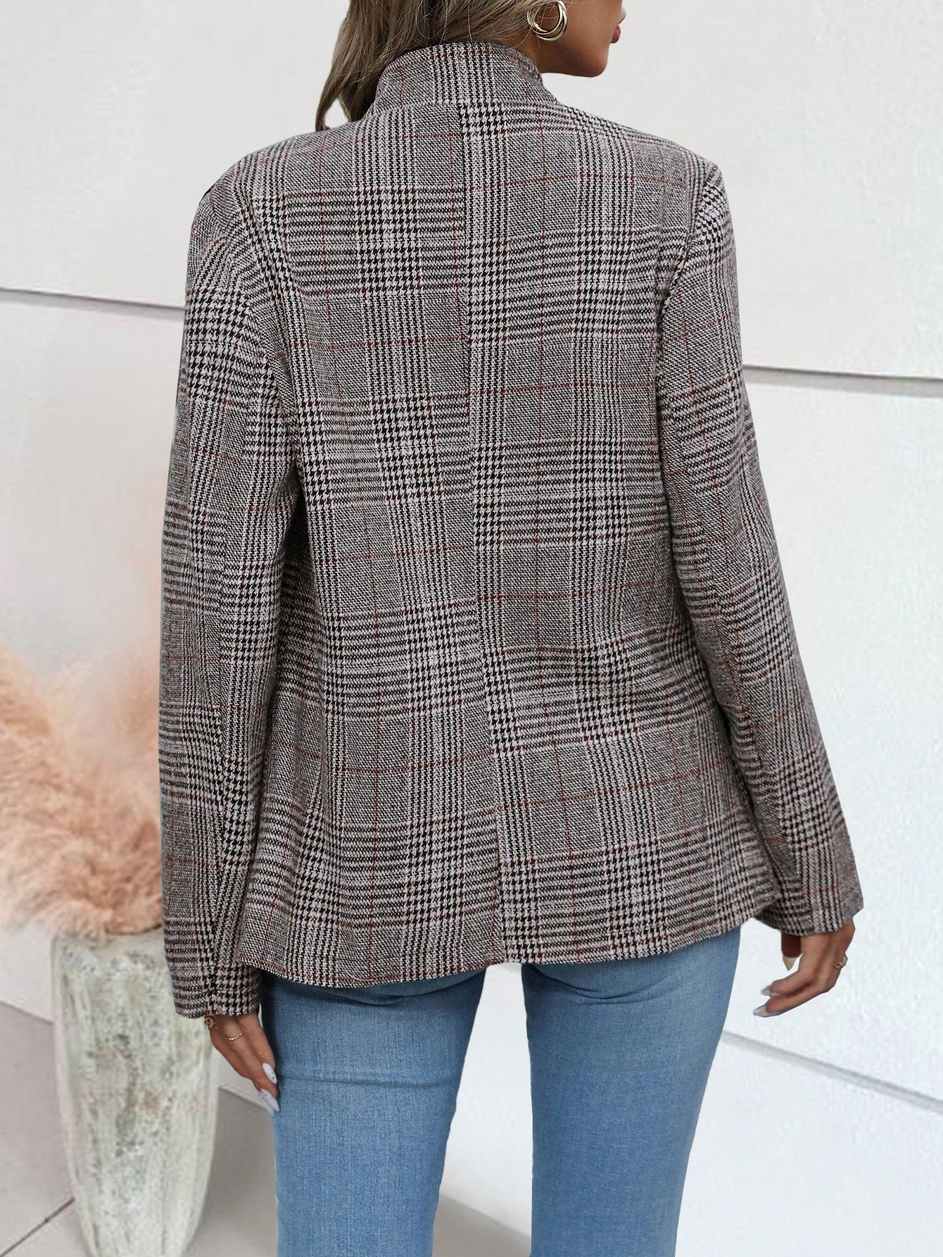 SHEIN Clasi Women Elegant Commuter Blazer Jacket, Plaid Pattern, Autumn Grey