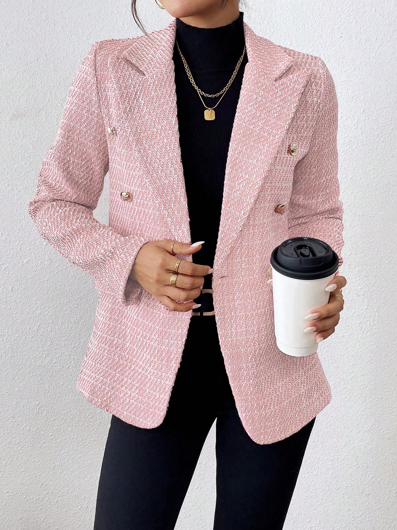 SHEIN Clasi Plain Color Double Breasted Elegant Long Sleeve Suit Jacket Baby Pink