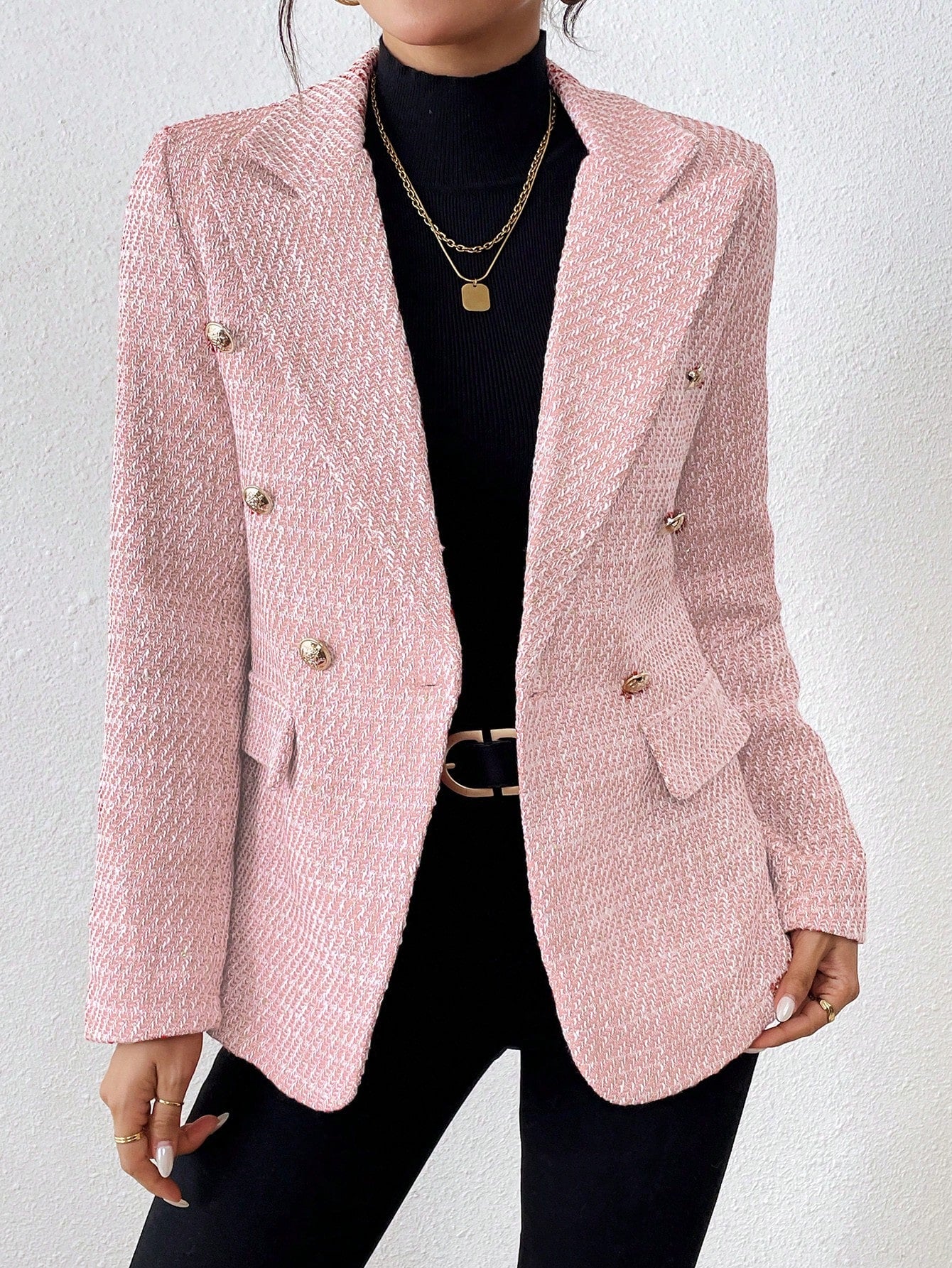 SHEIN Clasi Plain Color Double Breasted Elegant Long Sleeve Suit Jacket Baby Pink