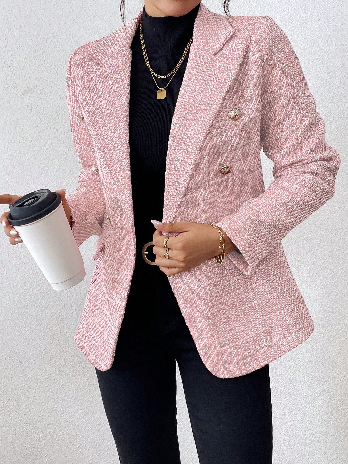 SHEIN Clasi Plain Color Double Breasted Elegant Long Sleeve Suit Jacket Baby Pink