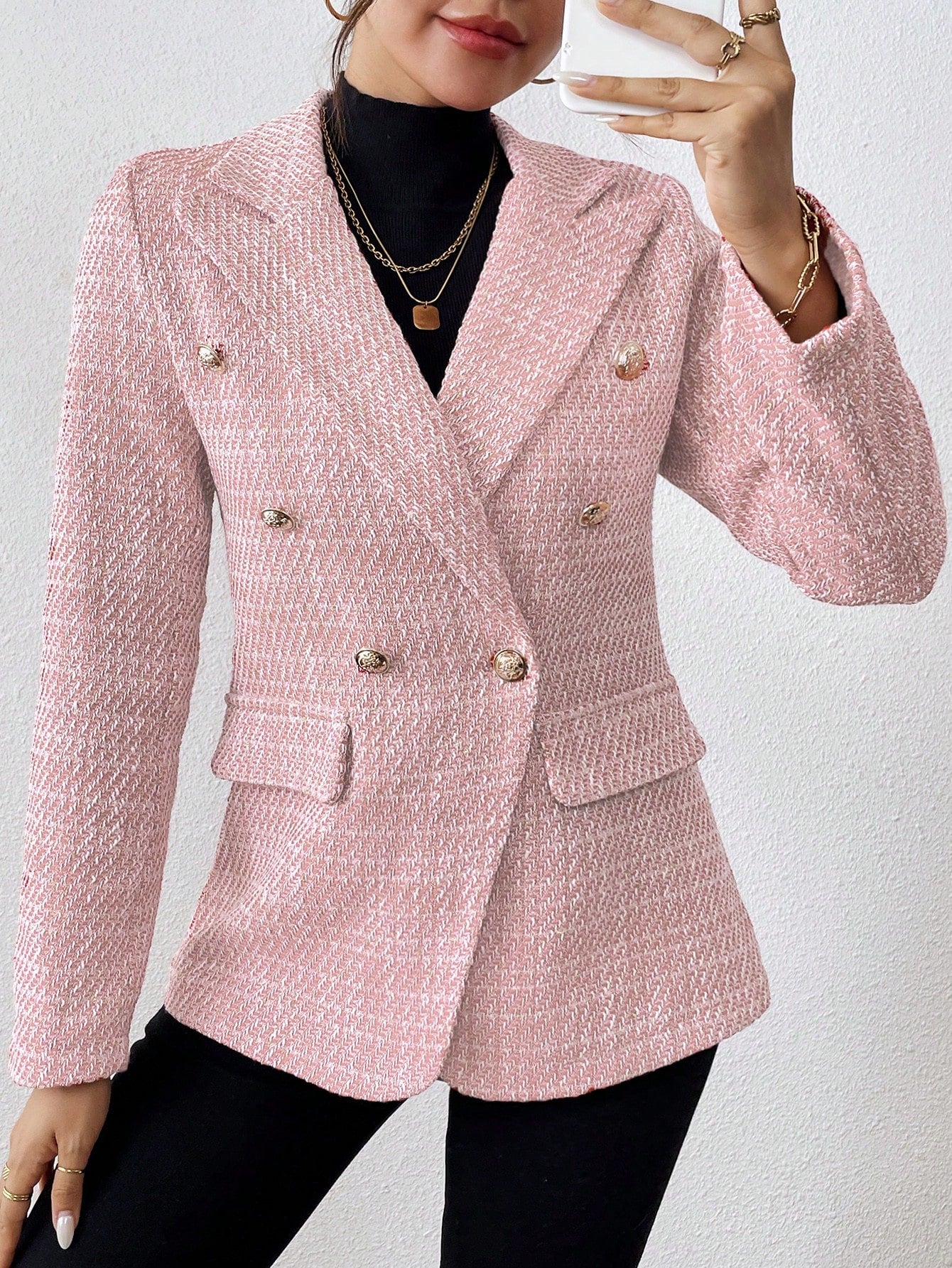 SHEIN Clasi Plain Color Double Breasted Elegant Long Sleeve Suit Jacket Baby Pink